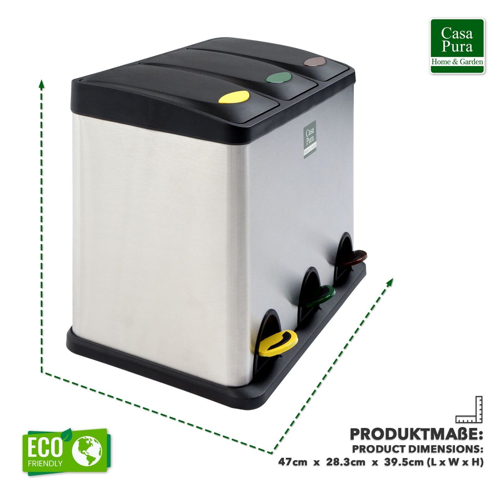 Floordirekt Mülleimer Küche, Trennsystem Brandon mit 3 Fächer, Edelstahl Abfalleimer, Farbmarkierungen für Mülltrennung - 3x 8L – 24L inkl. Müllbeutel