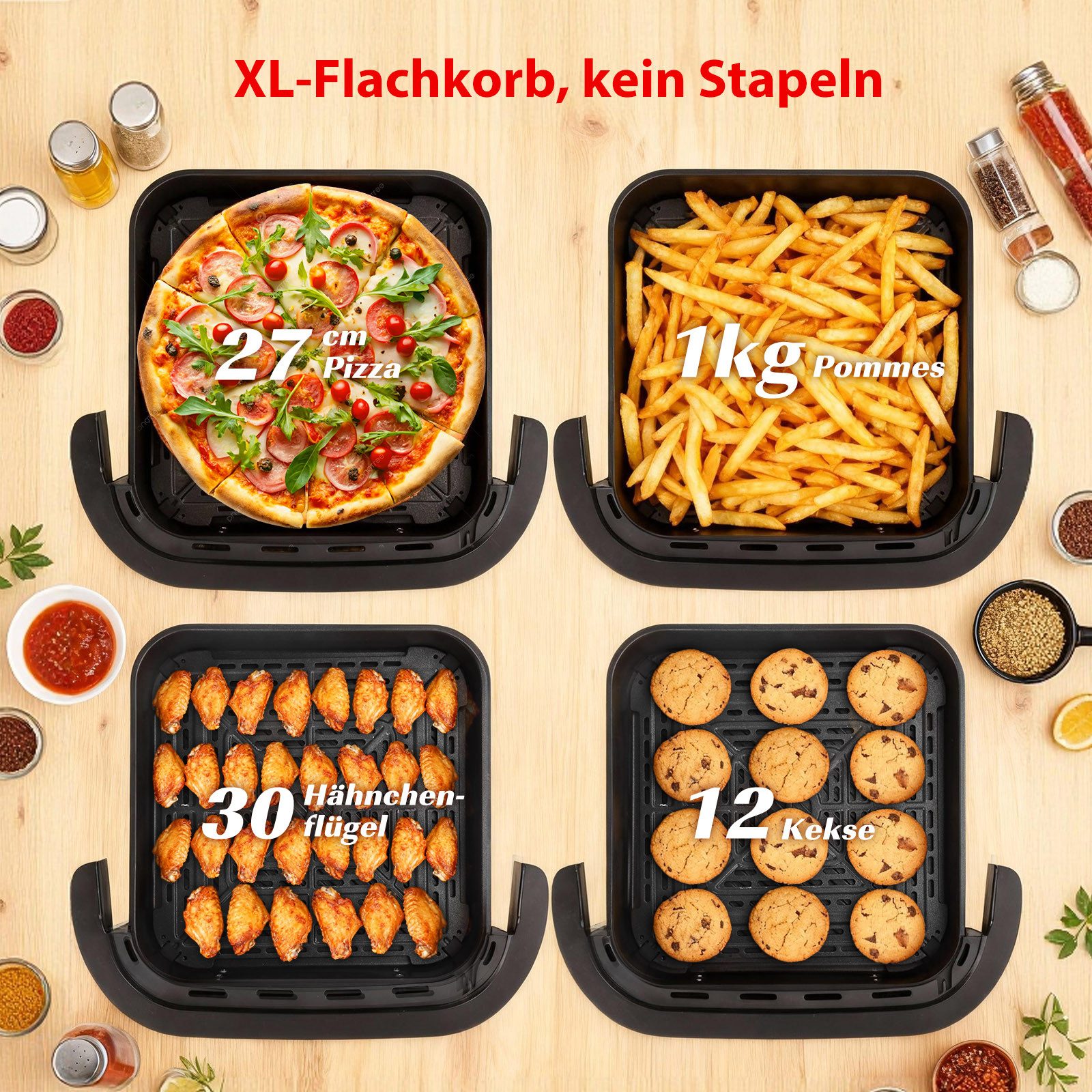 Aigostar Heißluftfritteuse XL 745 cm² Garfläche, Pizzafunktion, Doppelheizung, Sichtfenster, 11 Programmen, 2200 W, leiser, Extra-Crisp Technologie, Touchscreen, Metall-Innenraum