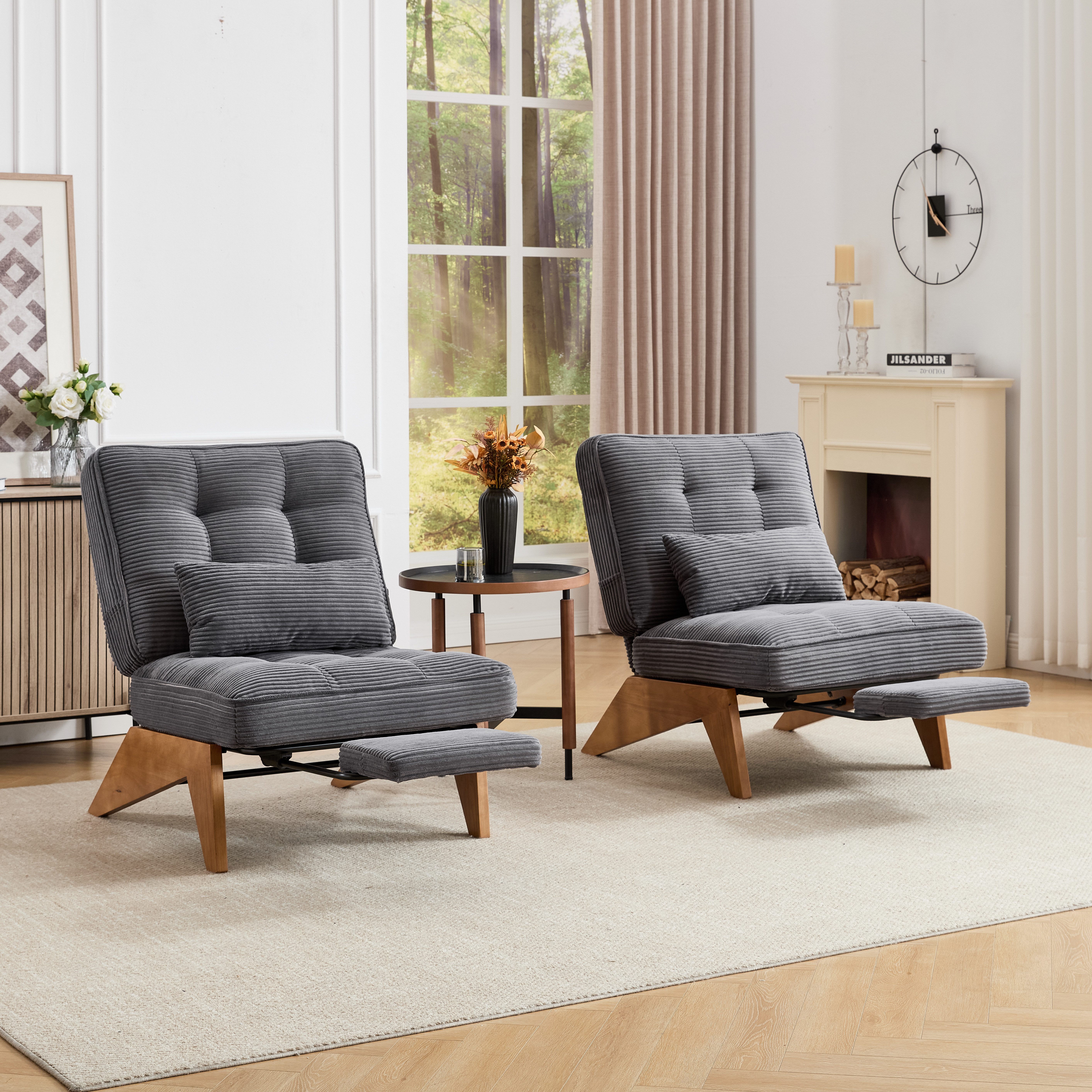 REDOM Loungesessel Verstellbarer Polsterstuhl (Relaxsessel mit Lendenkissen & Holzbeinen, atmungsaktives Kordpolster)