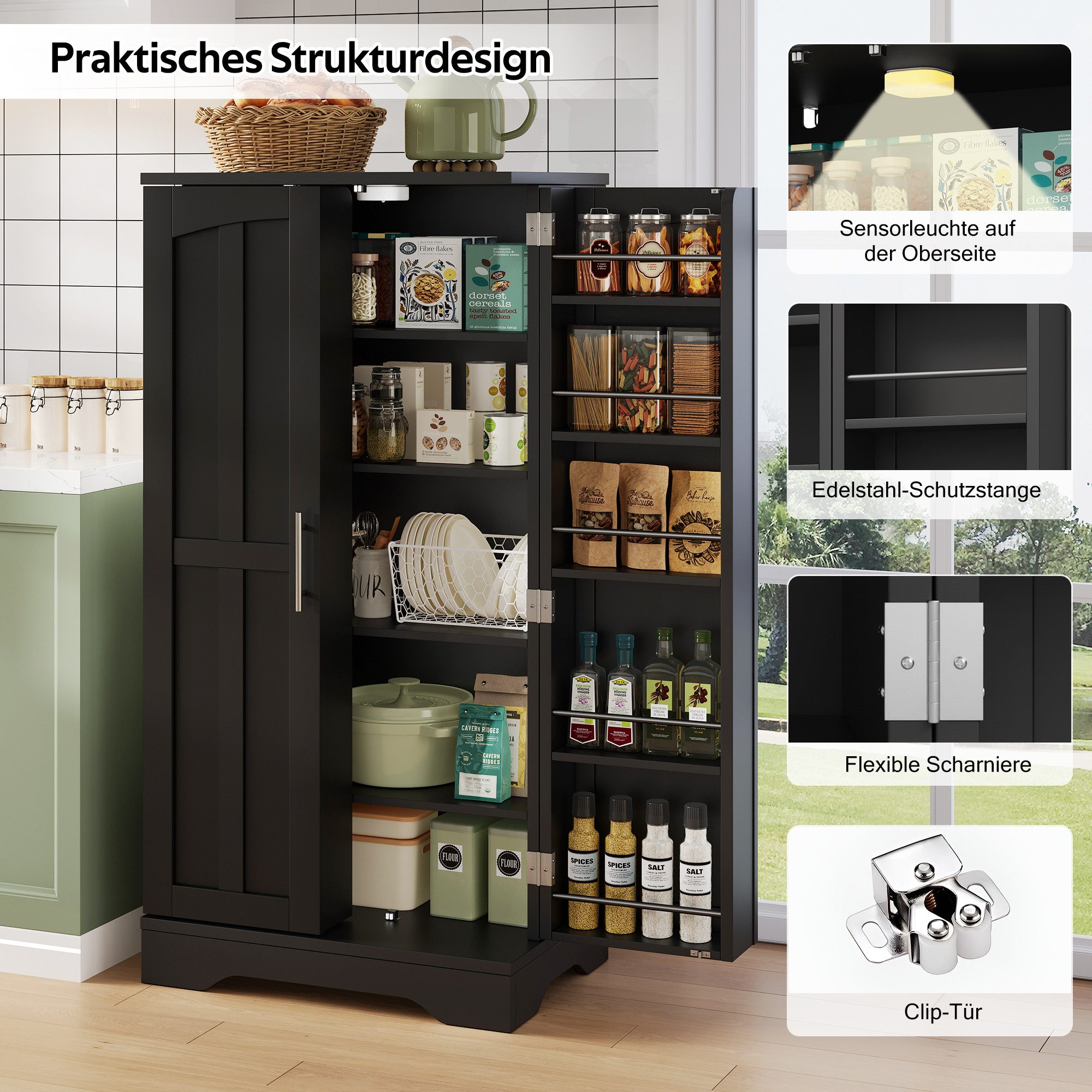 Yorbay Mehrzweckschrank Küchenschrank mit Sensor-LED, 3D-Wellenfront, 120 cm Höhe 2-türig, höhenverstellbar & kippsicher – Bild 3 von 5