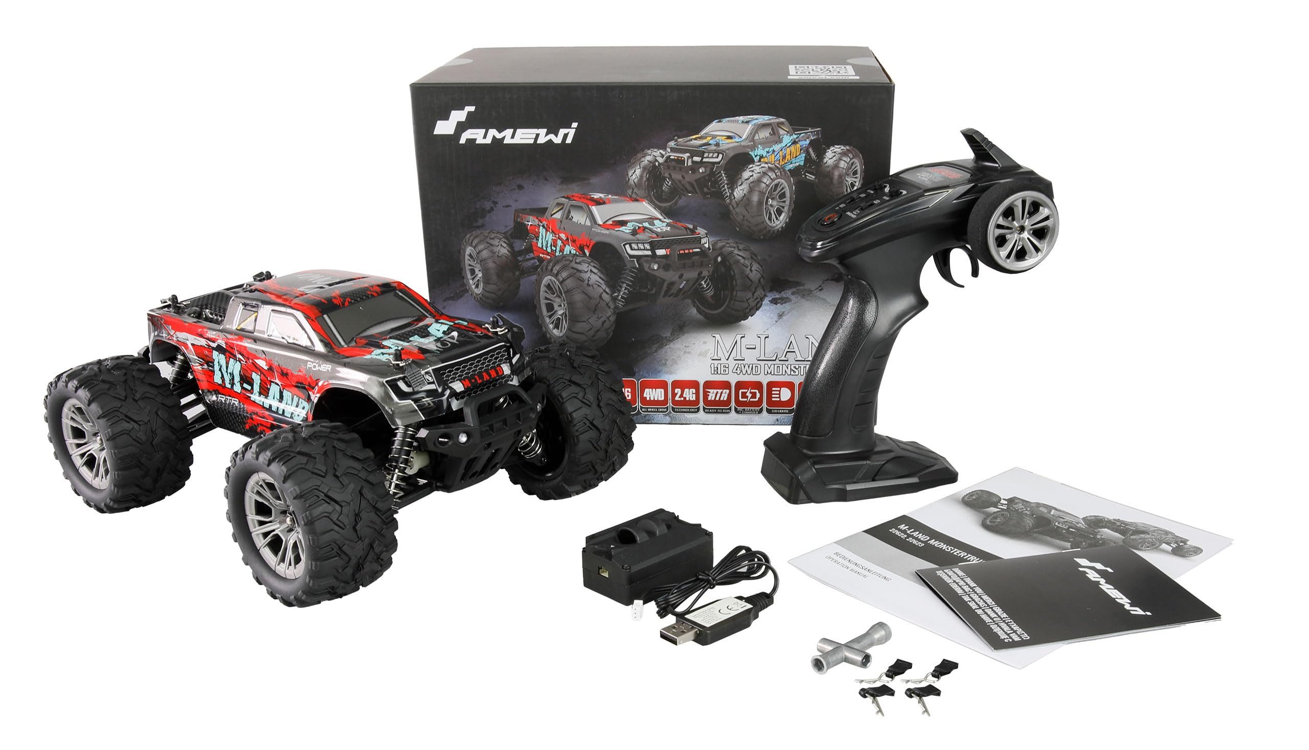 Amewi RC-Auto Ame M-Land Monstert 48km/h rot, Geschwindigkeit bis 48 km/h, rotes Design