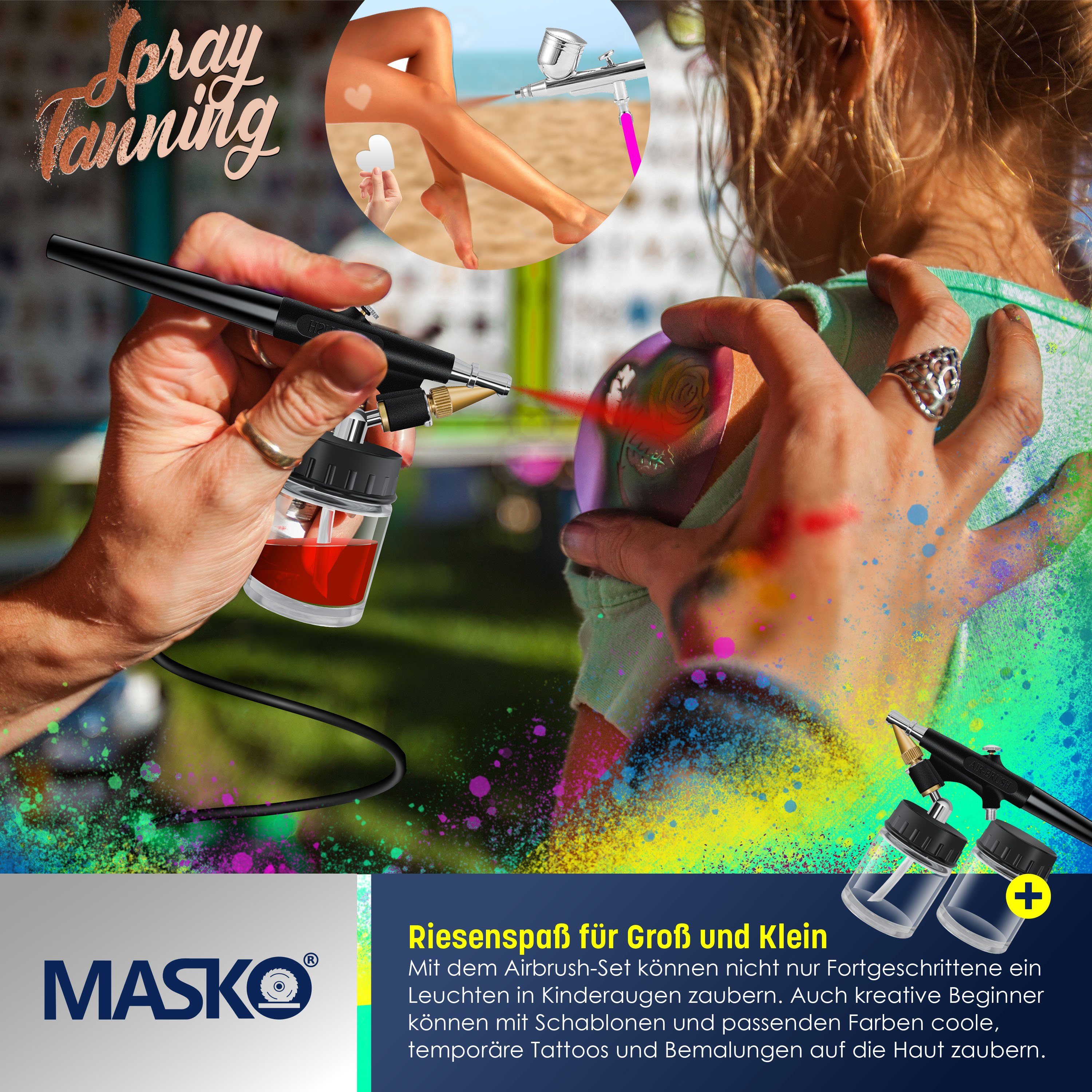 MASKO Farbsprühgerät, Airbrush-Set mit Kompressor Airbrush-Pistolen bar 4 inkl. silber