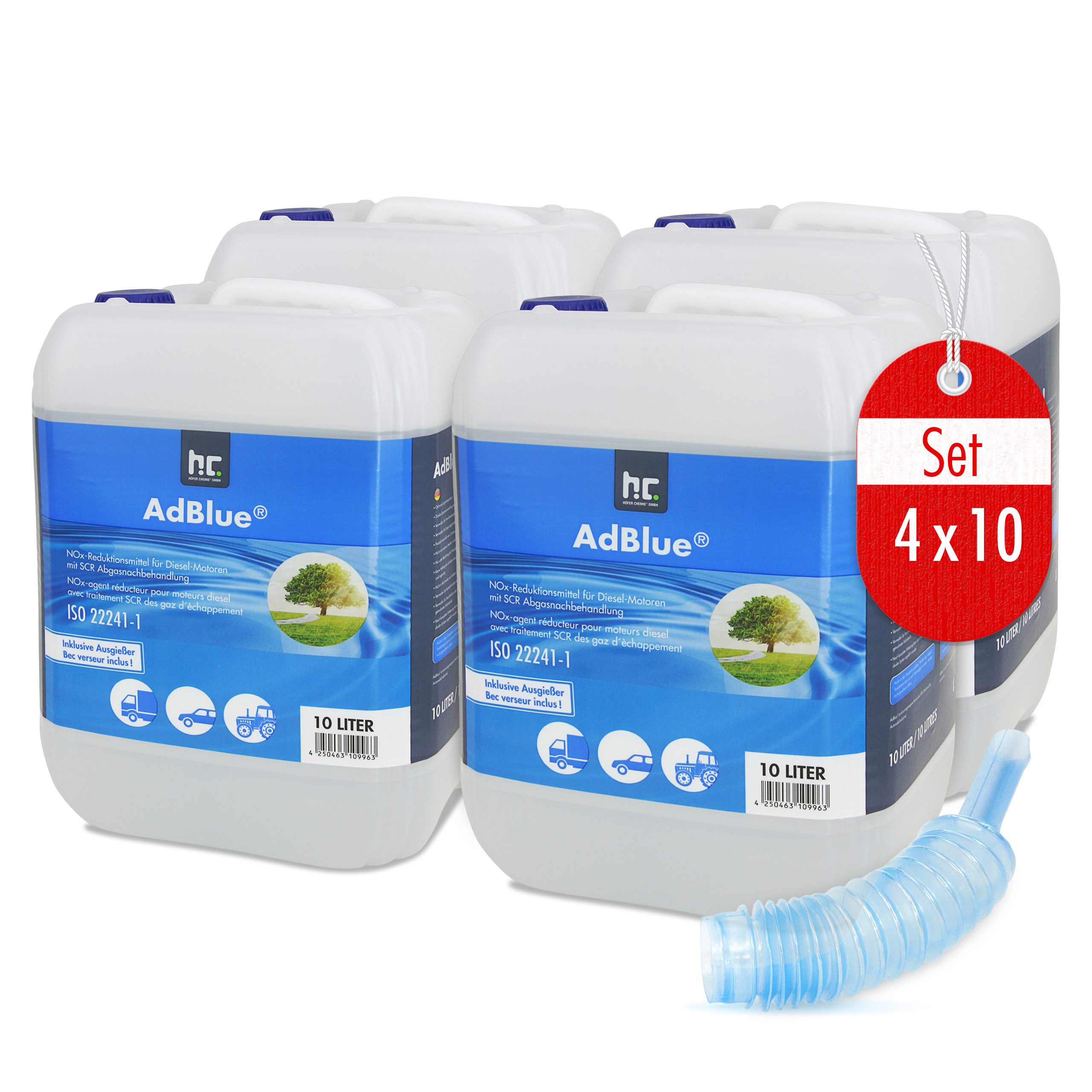 Höfer Chemie GmbH Harnstofflösung 4x 10 L AdBlue® Harnstofflösung, (4-St) Reduziert effektiv Stickoxid-Emissionen