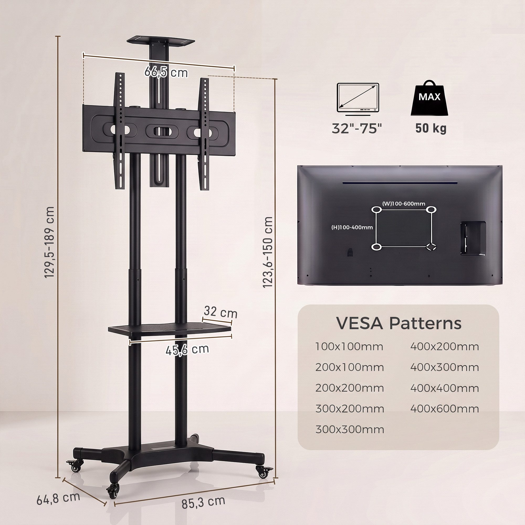 HOMCOM TV-Ständer Kameraablage und Medienablage, (bis 75 Zoll, Set, 1-tlg., 1-tlg., Höhenverstellbar, Rollen mit Feststeller) – Bild 3 von 5