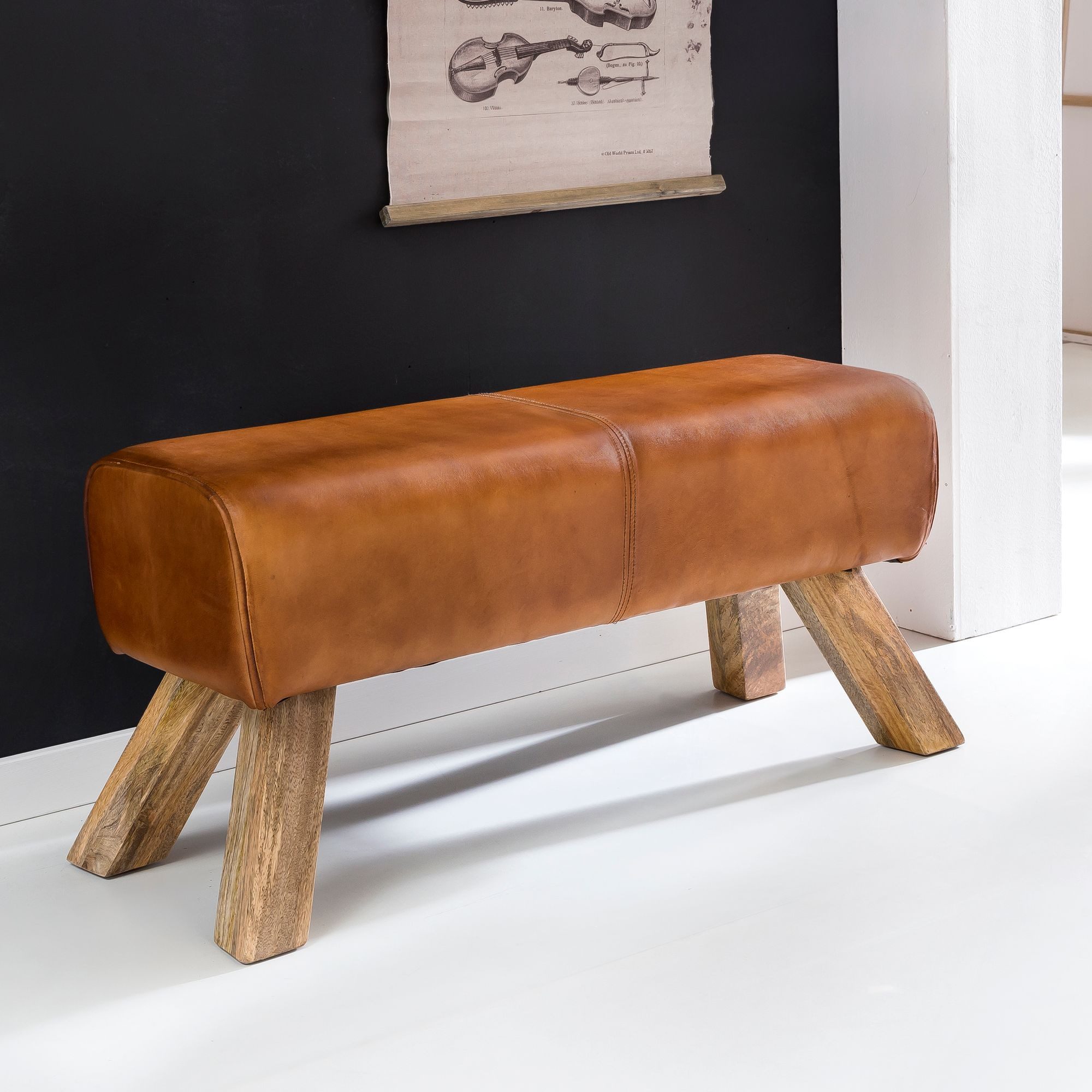 furnicato Bank Sitzbank Turnbock Vollholz 90x43x30 cm Braun (1-St), Gepolsterte Leder-Sitzbank mit bodenschonenden Anti-Rutsch-Noppen