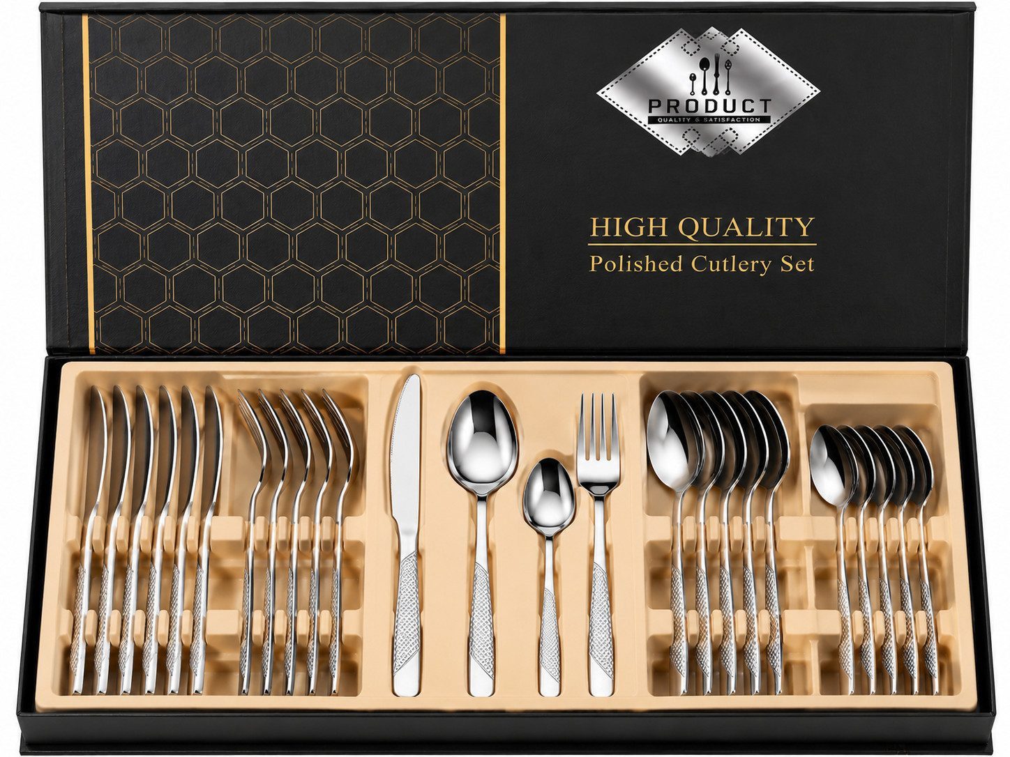 ibettertec Besteck-Set Besteck Set 24-teilig Edelstahl Besteckset,modernes Silber Essbesteck, 6 Personen, mit Messer, Gabel, Löffel & Teelöffel, spülmaschinenfest, Geschenkbox