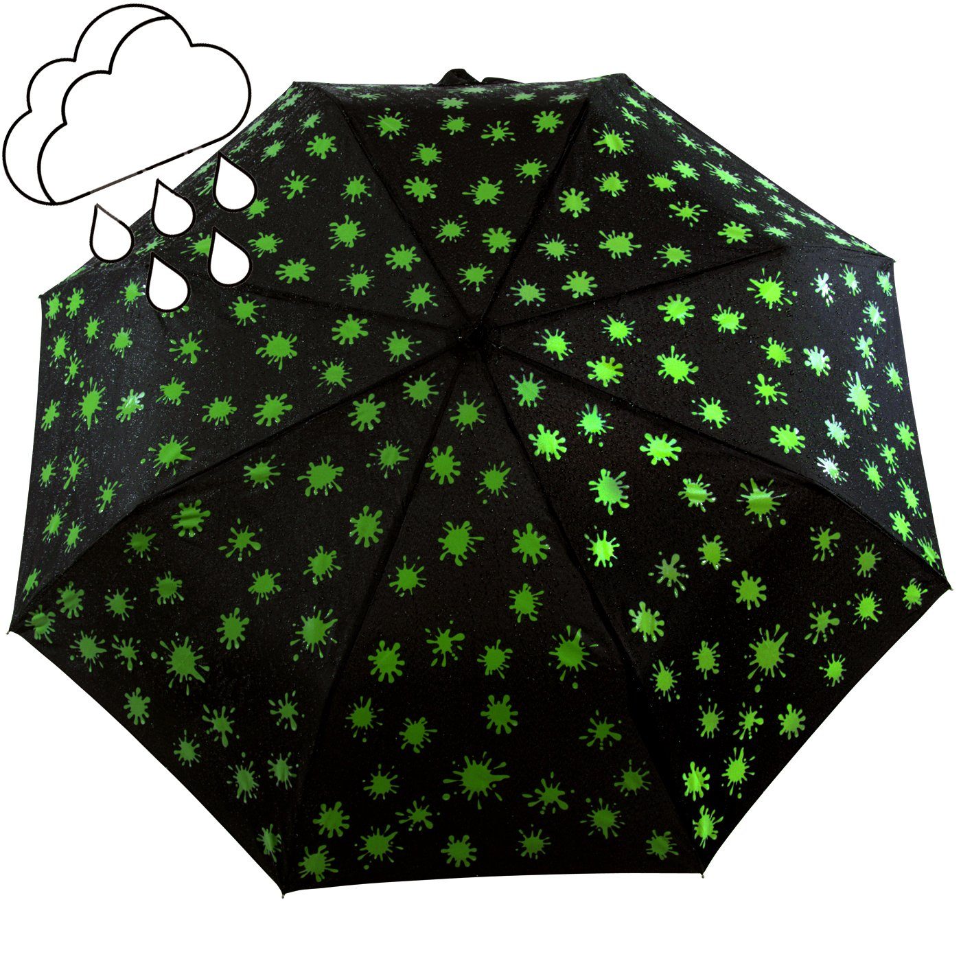 iX-brella Dach Ultra - neon-grün - schwarz-weiß-neongrün - Farbänderung Taschenregenschirm Mini Nässe großem Farbkleckse bei leicht, Light extra mit