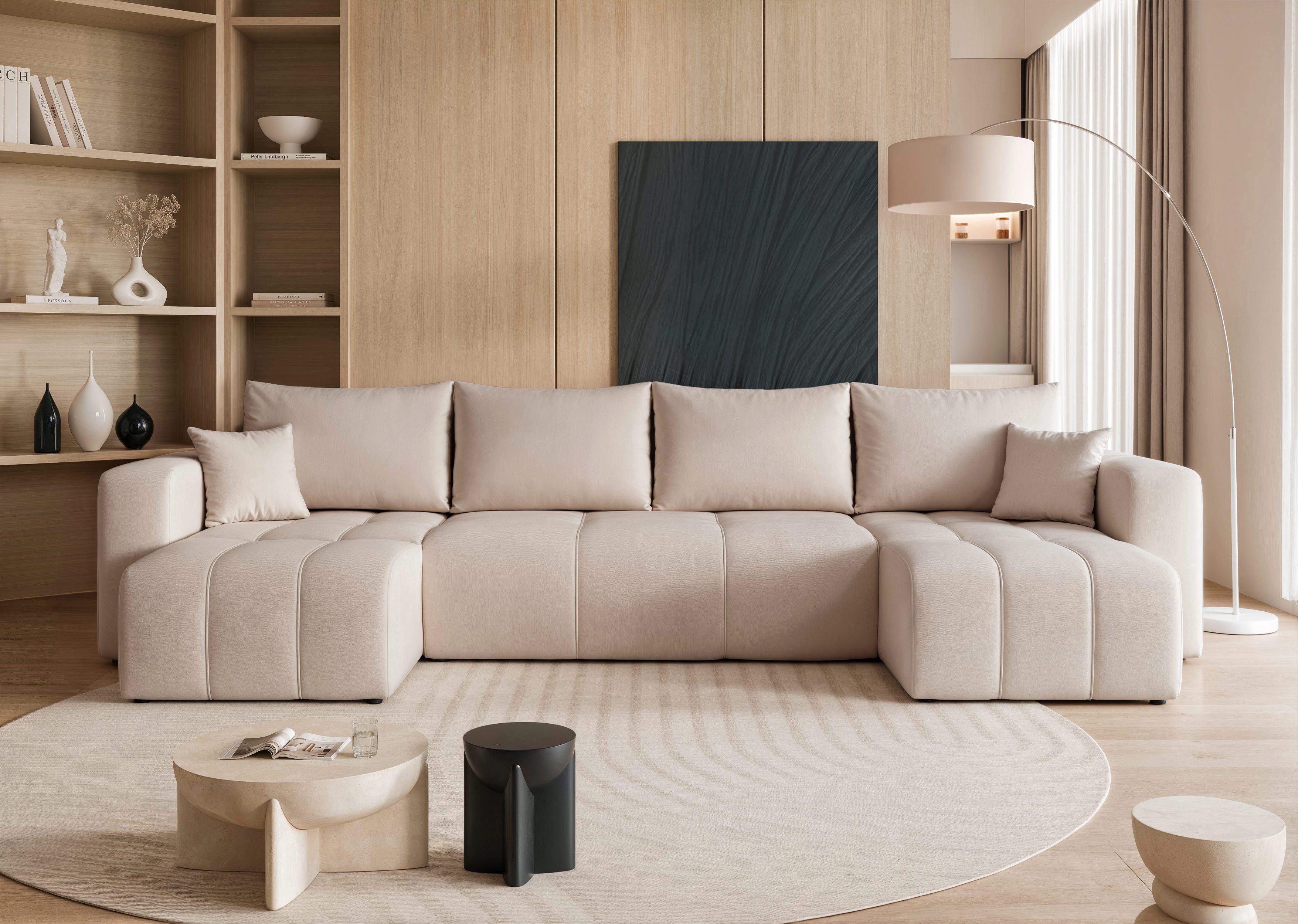 yourhouse24 Wohnlandschaft PEDRO U in Samt-Optik – Riesige Schlaffunktion & abnehmbare Bezüge, mit Schlaffunktion und Bettkasten, Seite universal