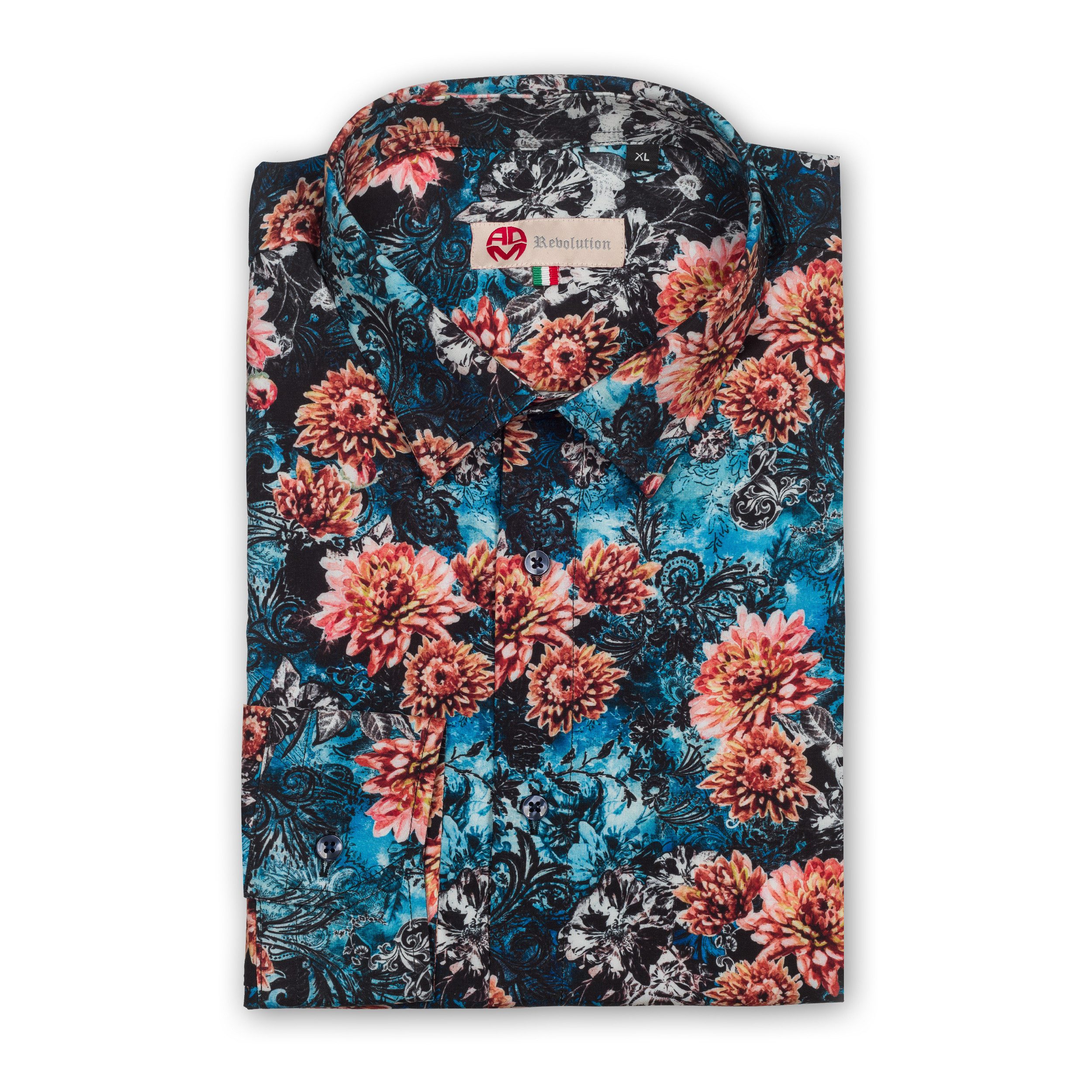 ADM Revolution Langarmhemd ADM Revolution blau/rot Floral, Viskose, Modern Fit Handgefertigt in Italien