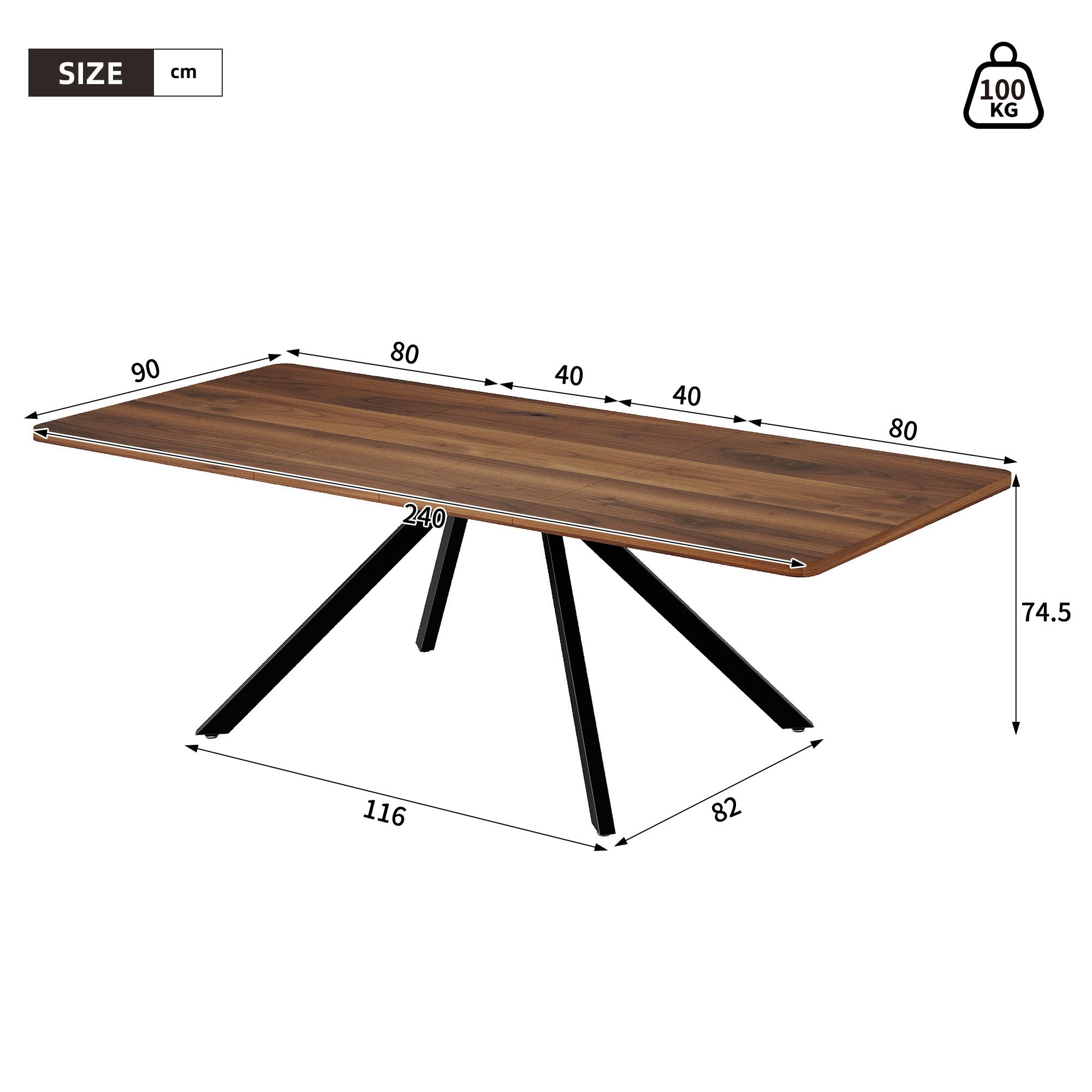 KLAM HOME Esstisch Großer Ausziehtisch Mit 3 Längen 160 Bis 240 Cm Für 6-10 Personen (Esstisch In Nussbaum Optik Mit Stabilen Metallbeinen), Praktischer Küchentisch Geeignet Für Esszimmer Wohnzimmer Und Feiern