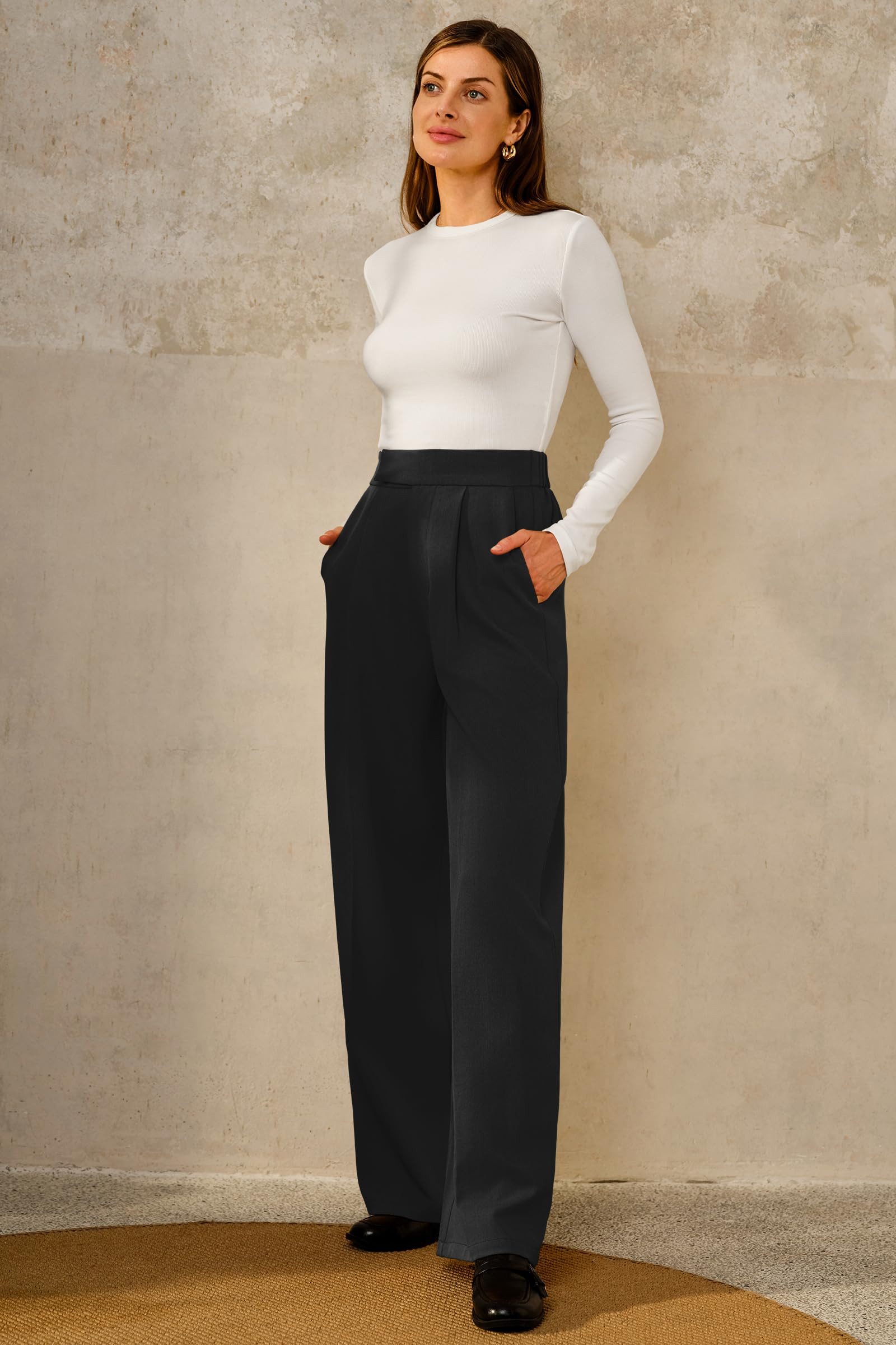 Arach&Cloz Anzughose Damen Businesshose weitem Anzughose knitterfrei Stoffhosen Pleated Wide Leg Pants Loungehose Geeignet Büro und Alltag – Bild 5 von 5