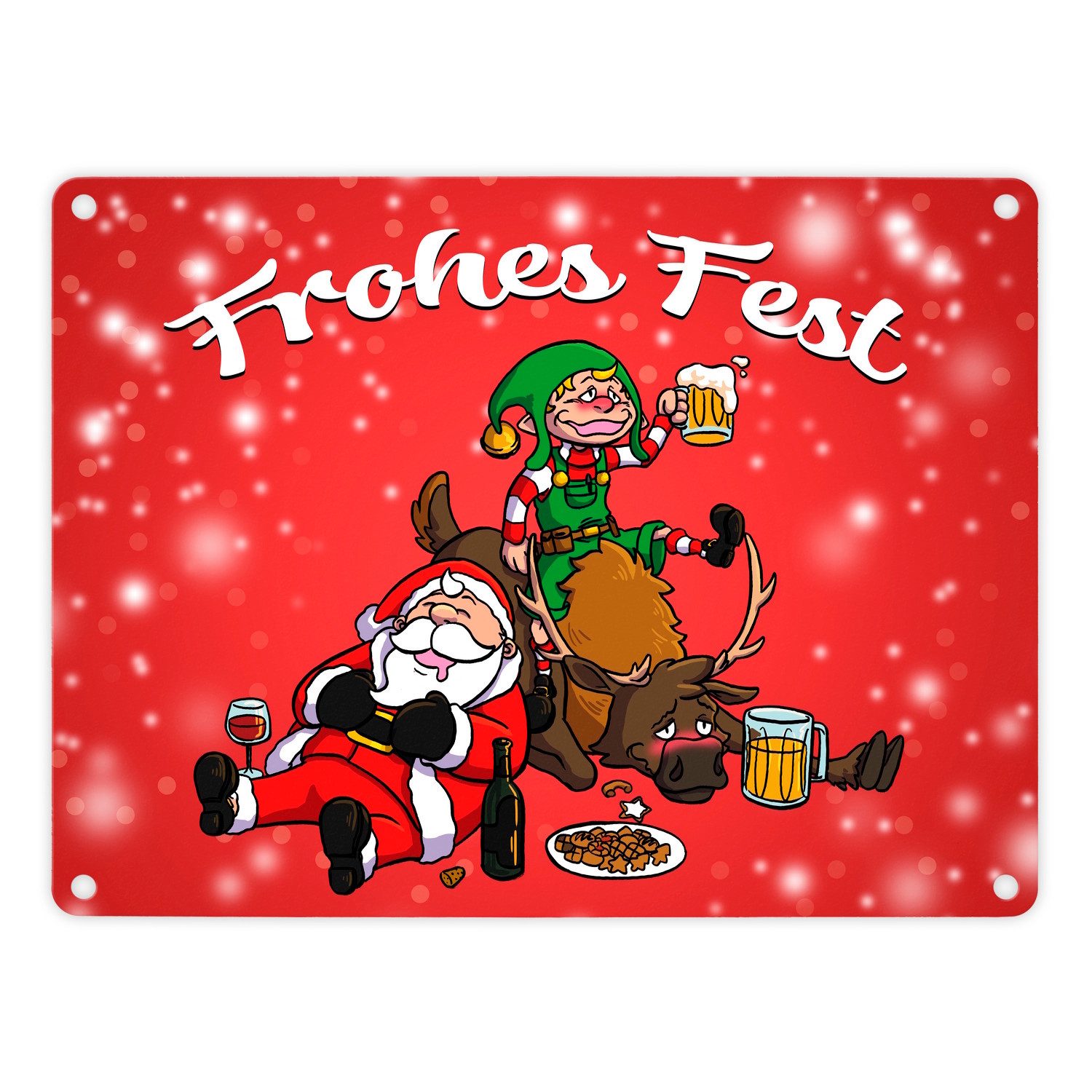 Metallschild Frohes Fest mit lustigem Weihnachtsmotiv Metallschild in 15x20 cm