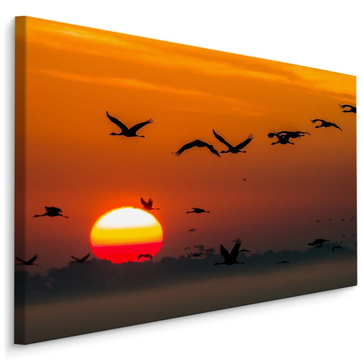 Muralo Leinwandbild Landschaft – Leinwandbild Wandbild Kunstdruck Wohnzimmer, Gewässer (1 St), Natur – Fliegende Kraniche – Vögel, 90 x 60 cm, aufhängefertig