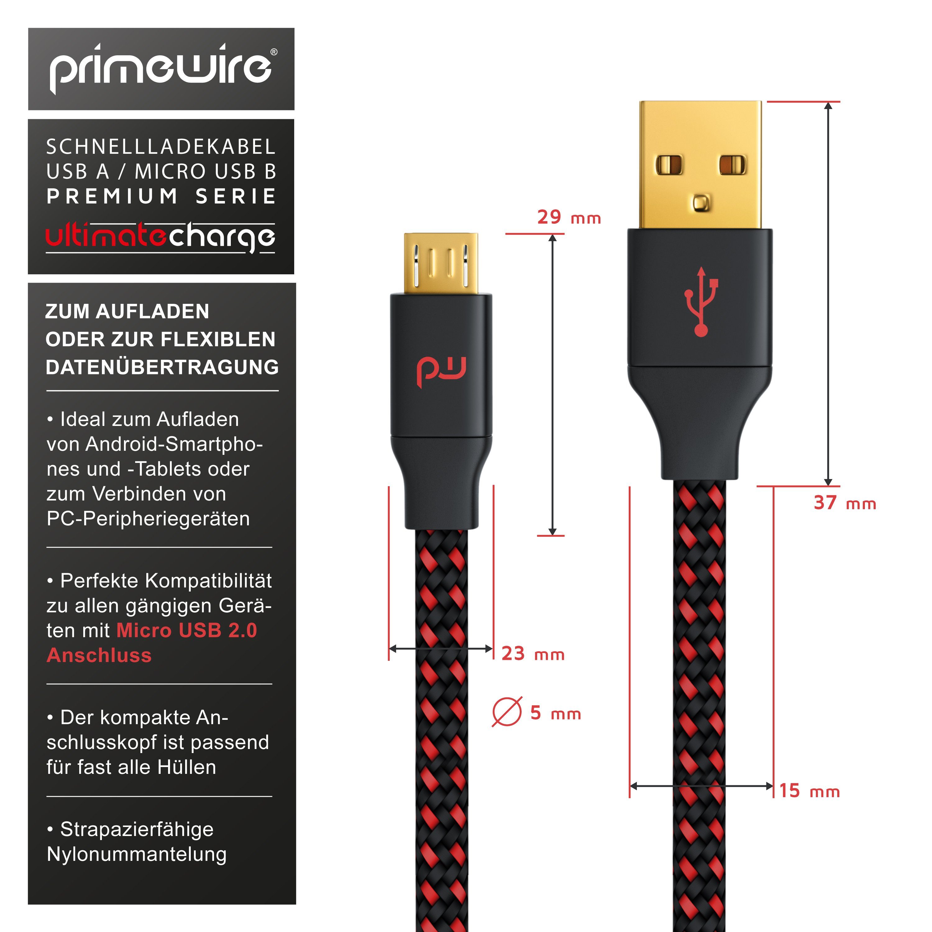 Primewire UltimateCharge MicroUSB 2.0 Schnellladekabel mit Datenübertragung - 2m USB-Kabel, 2.0, USB Typ A, Micro-USB (200 cm), für Smartphone, Tablet, Powerban – Bild 2 von 5