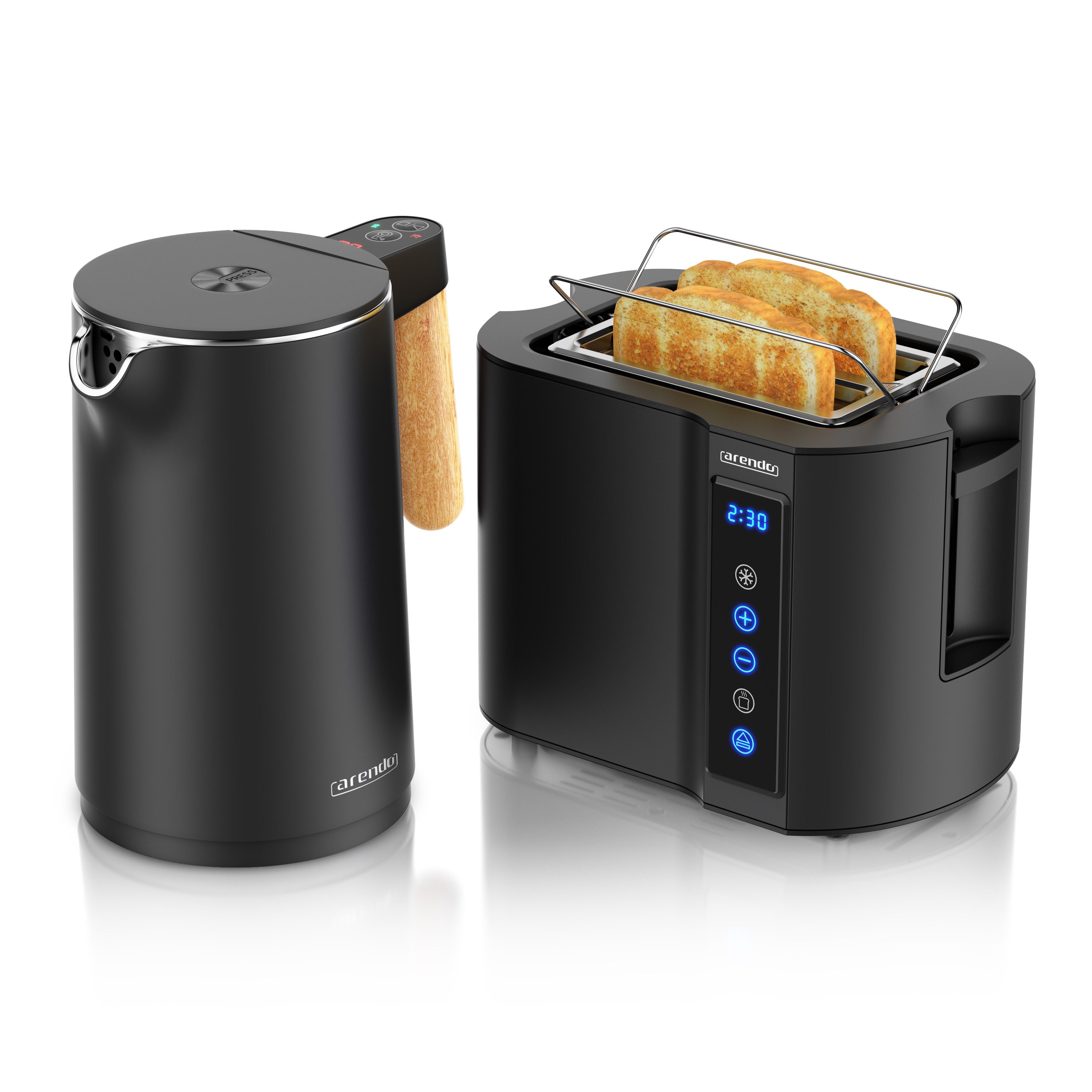Arendo Frühstücks-Set Edelstahl Wasserkocher 1,5l, 2-Scheiben Kurzschlitz Toaster, schwarz (2-tlg), Wasserkocher mit Temperatureinstellung, …