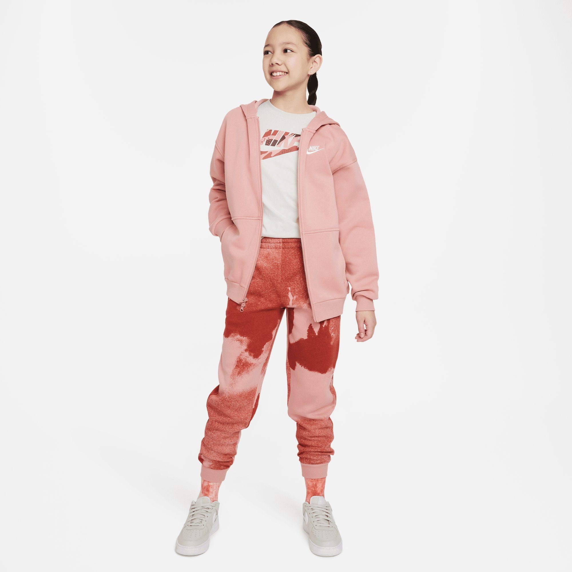 Nike Sportswear Kapuzensweatjacke CLUB FLEECE RED STARDUST/WHITE KIDS' FULL-ZIP BIG OVERSIZED (GIRLS) HOODIE