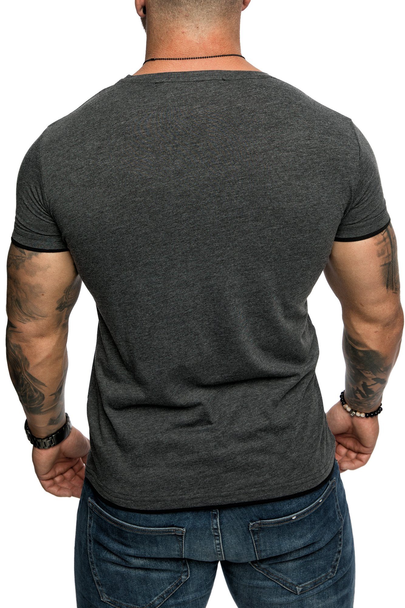 Herren LAKEWOOD Rundhalsausschnitt Farbig T-Shirt Slim-Fit Anthrazit/Schwarz Shirt Doppel Amaci&Sons Basic mit