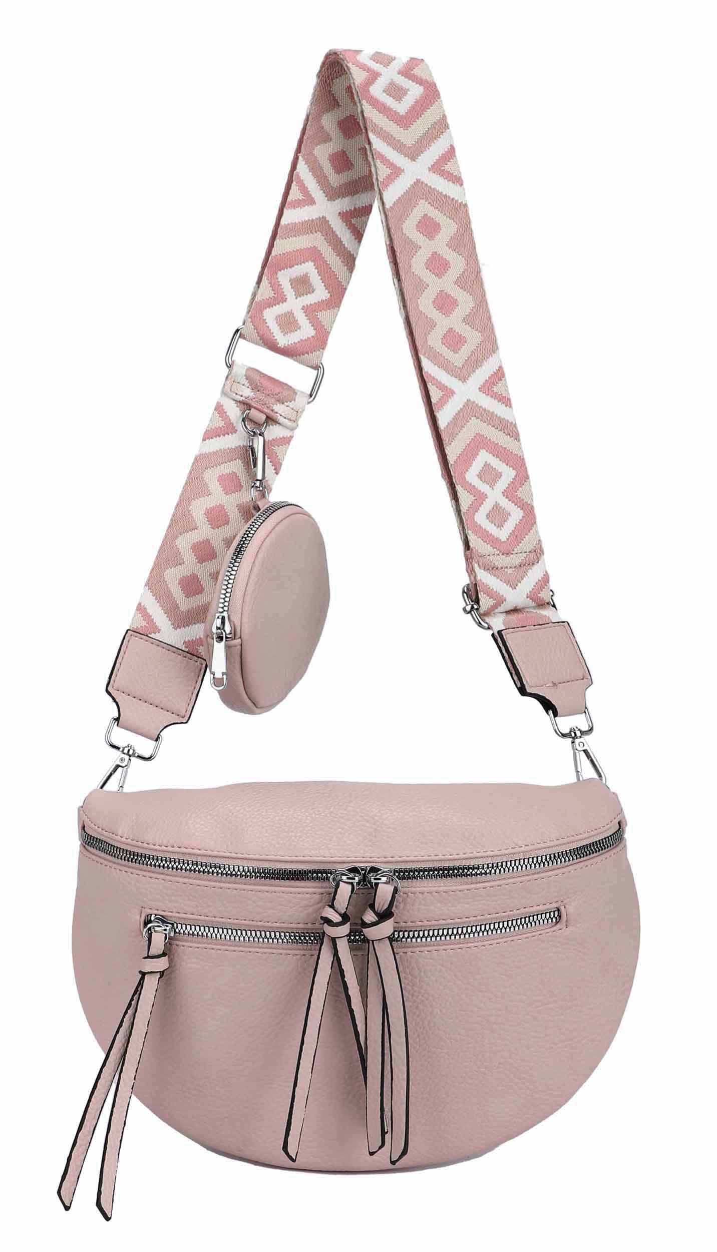 ITALYSHOP24 Bauchtasche Damen Brusttasche Crossover Umhängetasche CrossBody Bag Geldtasche (Spar-Set aus einer Tasche mit einem breitem Muster Stoffgurt/Umhängeband, 1 Tasche + 1 kleine abnehmbare vielseitige Geldtasche als Geschenk), Bodybag, Handytasche, Hüfttasche, Schultertasche, leicht Gewicht
