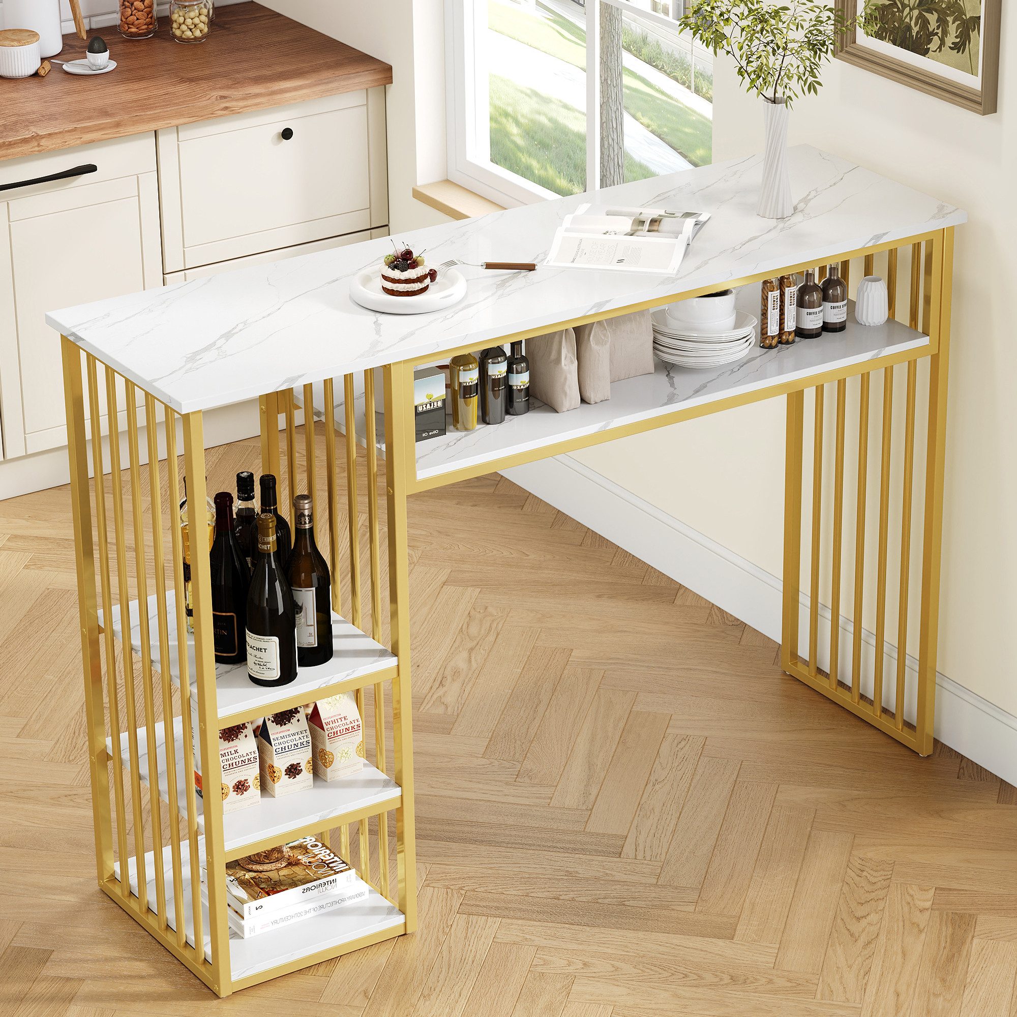 Flieks Bartisch Stehtisch mit MDF-Tischplatte in Marmoroptik, 4 Ablageflächen (140×40×105 cm, 1-St., 1 Tisch), rechteckig Esstisch mit Stauraum Küchentisch, Metallgestell Goldfarbe