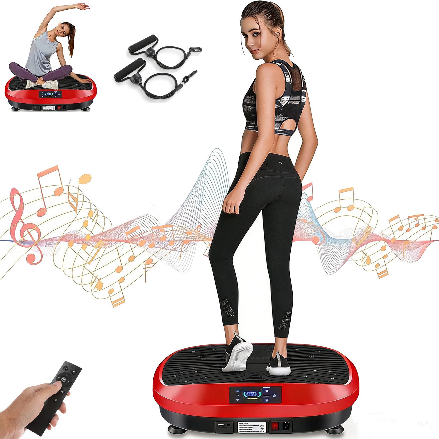 LETGOSPT Vibrationsplatte Vibrationsplatte Größe 57,5 x 42,5 x 17 cm, Bis 200KG, 200 W, 120 Intensitätsstufen, (mit Trainingsbandern, Ganzkörpertraining zu Hause), Ultra leisem Motor, Fernbedienung, Seitliche Transporträder