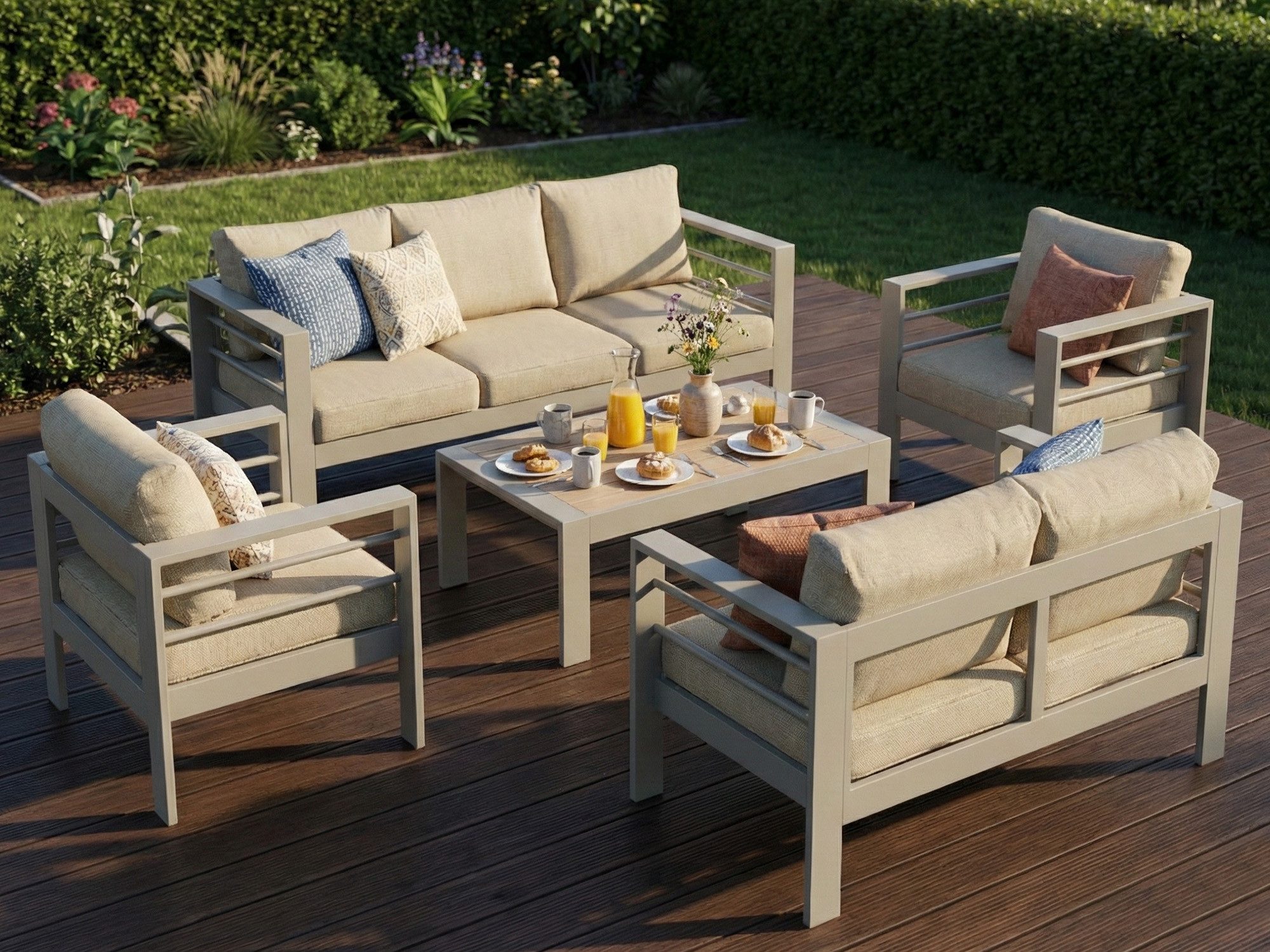 MeXo Gartenlounge-Set XXL Gartenmöbel Set Aluminium Outdoor, (Gartenmöbel Set, 5-tlg., 1×3-Sitzer Sofa, 1×2-Sitzer Sofa, 2×Sessel, 1×Tisch, 14×Auflagen), wetterfest Sitzgruppe Essgruppe Gartengarnitur für 6-7 Personen, Beige