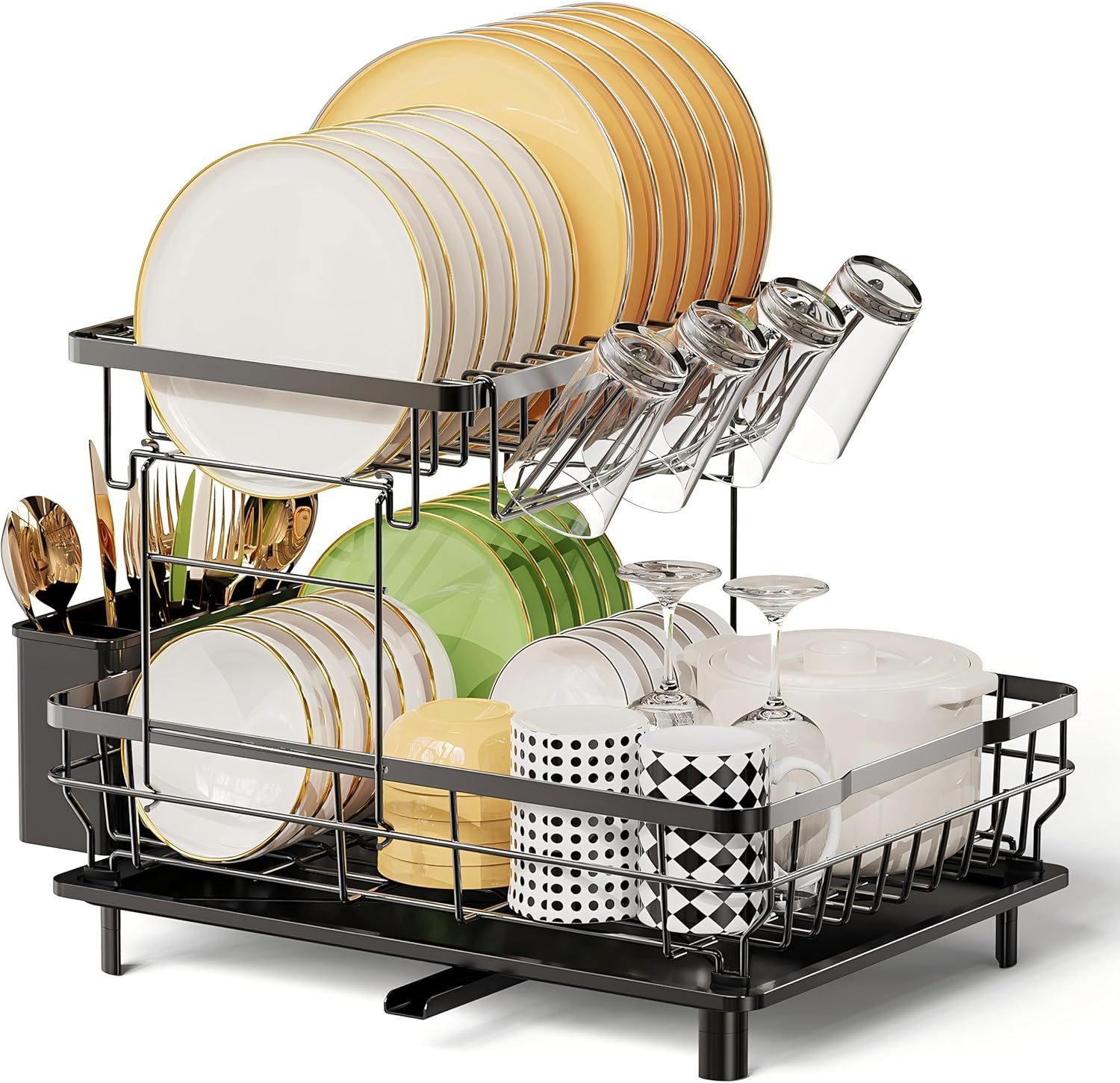 Refined Living Geschirrständer 2-stufiges Geschirrabtropfgestell,Multifunktionales Abtropfgestell-Set, Zubehör für Geschirrabtropfer mit Abtropfwanne, Geschirr-Abtropfgestell, Abtropfgestell Küche, Geschirrständer für die Küchenarbeitsplatte mit 360° Abfl