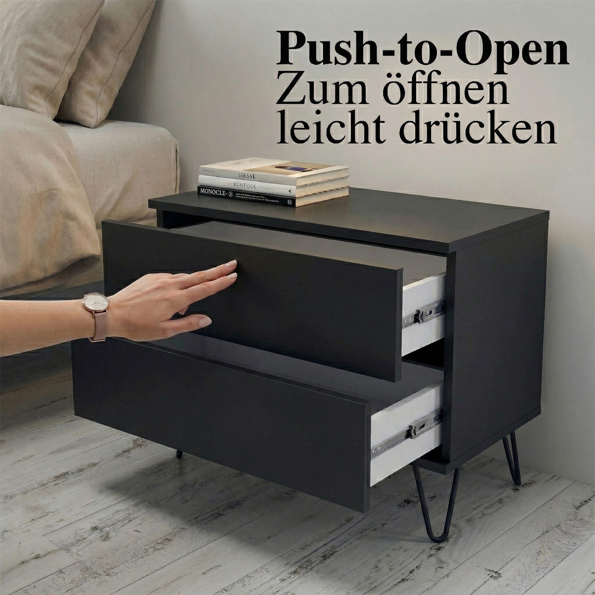 InnoFurn Nachtschrank Aura Nachttisch (Nachtkonsole, optional hängend Beistelltisch) 2 Schubladen mit Push-to-Open & Made in Germany (60 x 43 x 35 cm)