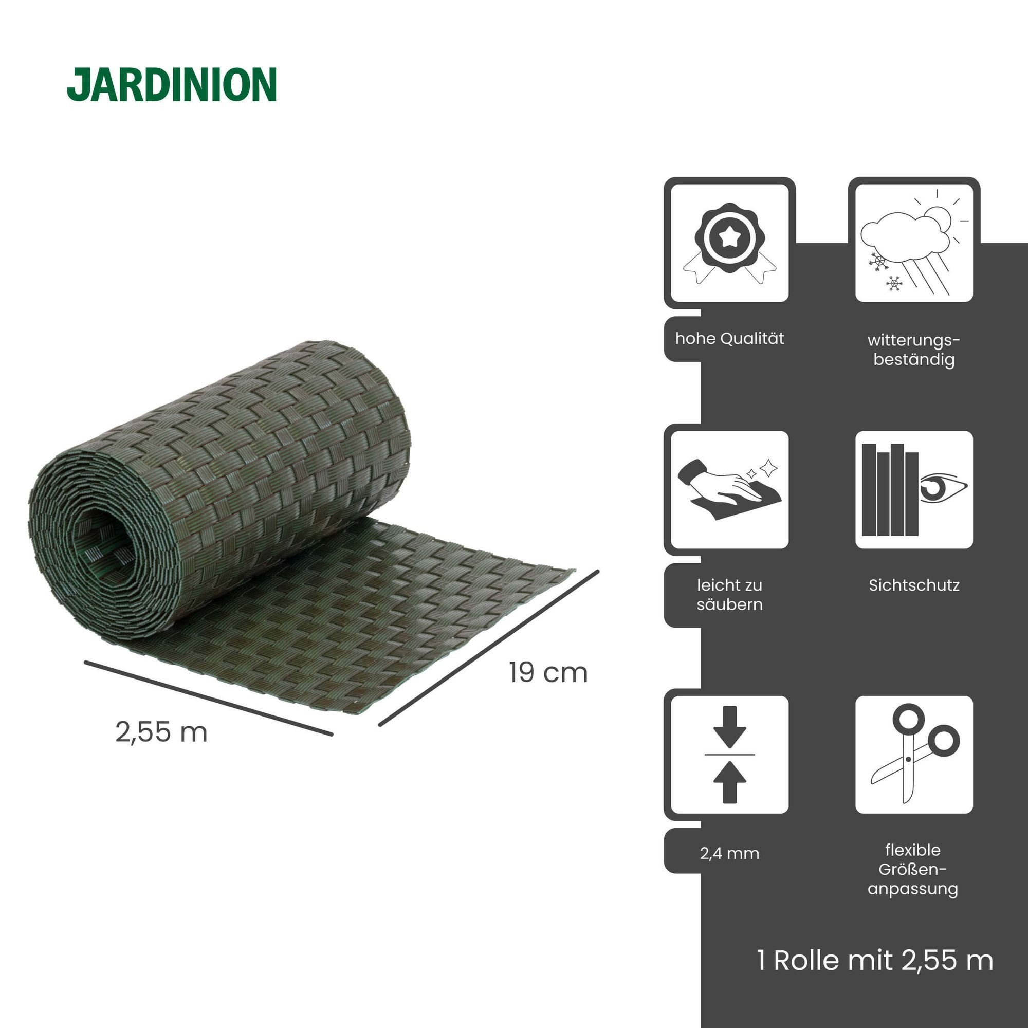Jardinion Sichtschutzstreifen Sichtschutzstreifen Rattan Optik, (250 x 19 cm, grün, 1-St), Sichtschutz für Balkon, Terrasse- und Gartenzaun