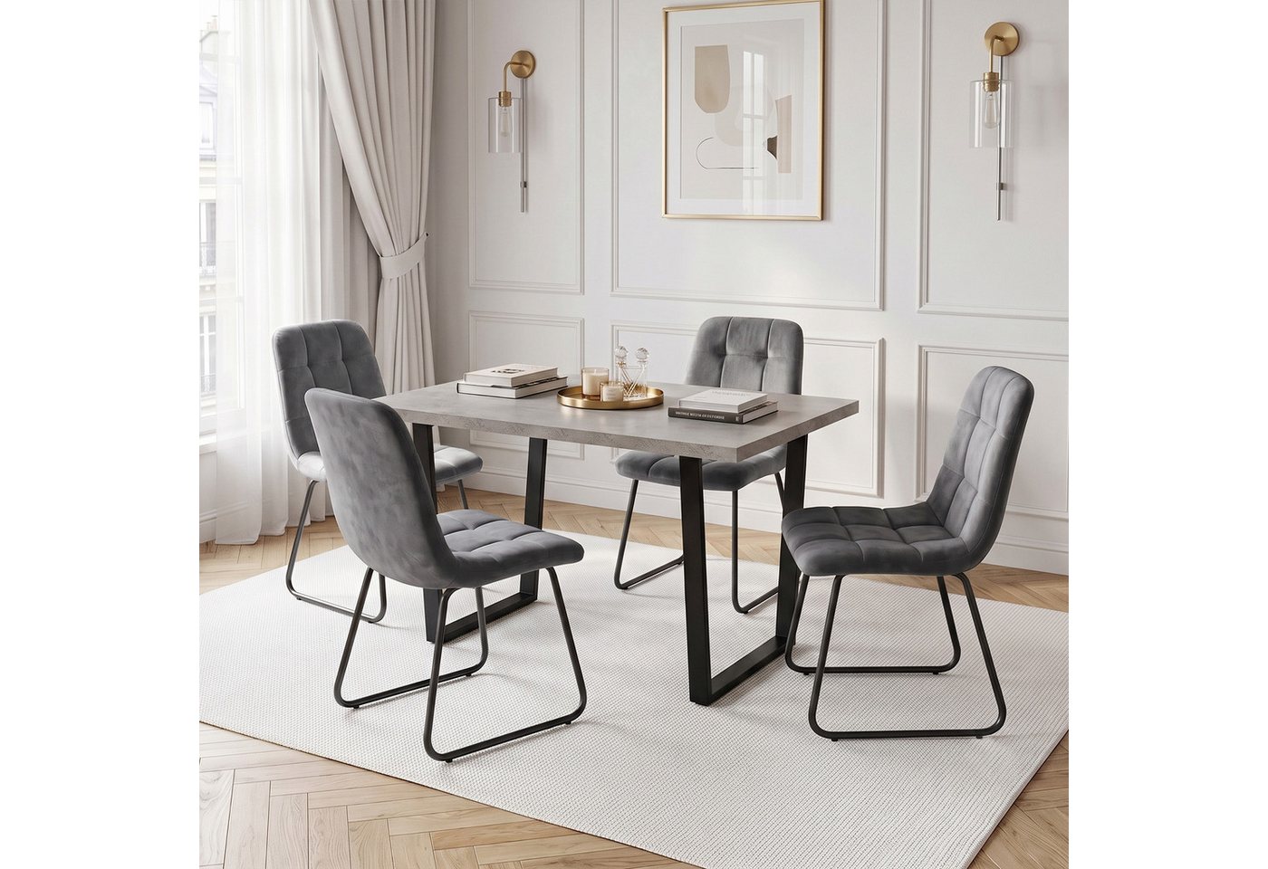 Jiexi Essgruppe Essgruppe fest 110x70 MDF Grau Tisch Set mit Flanell Stühlen
