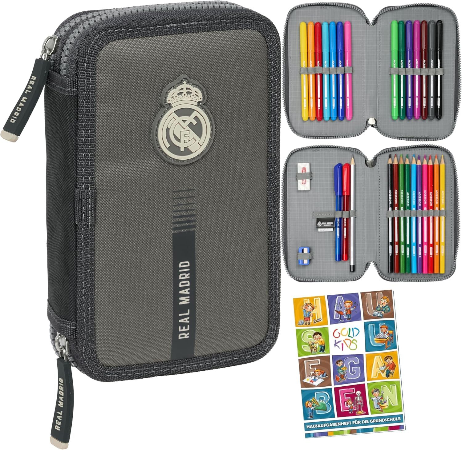 GOLDKIDS Federmäppchen Real Madrid - Federmäppchen 2 Fächer, (Mäppchen für Mädchen und Jungen - Federmappe, 1-tlg., 2-Fach Federtasche Gefüllte Schüleretui 29-teilig), Schulmäppchen und Hausaufgabenheft