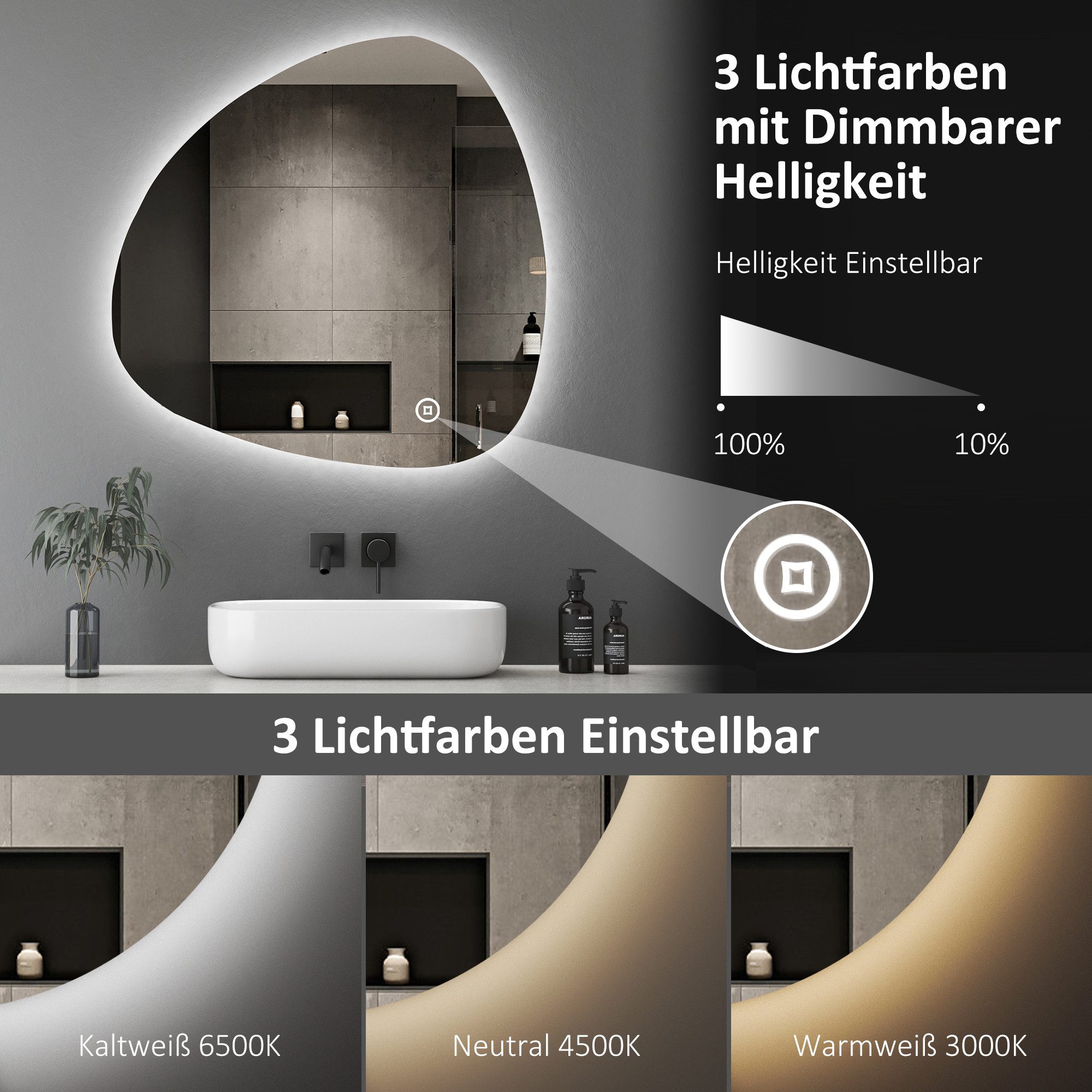 WDWRITTI Badspiegel LED Badezimmerspigel mit Beleuchtung Kalt/Neutral/Warmweiß (Wandspiegel Asymmetrisch Steinform, 80x80cm), Kalt/Neutral/Warmweiß, Dimmbar, Sp – Bild 3 von 5