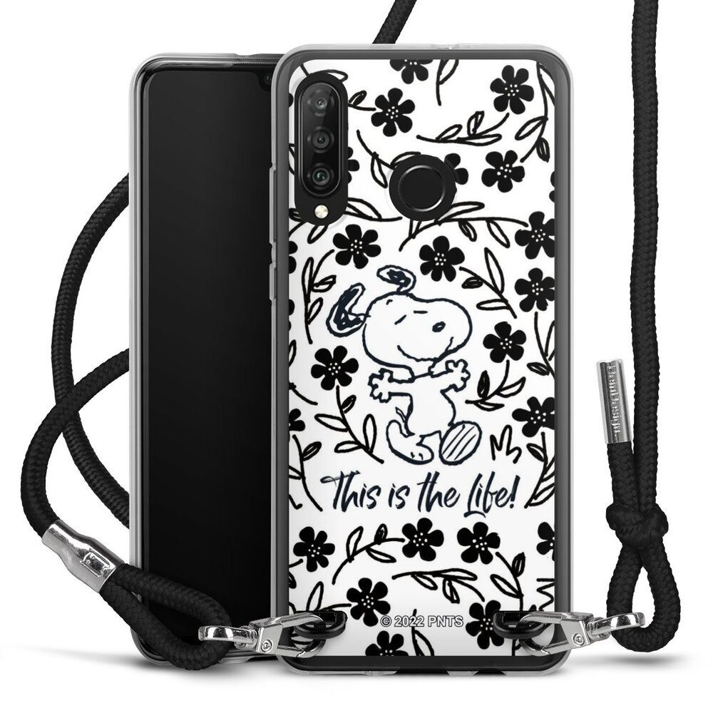 DeinDesign Handyhülle Peanuts Blumen Snoopy Snoopy Black and White This Is The Life, Huawei P30 Lite Premium Handykette Hülle mit Band Case zum Umhängen