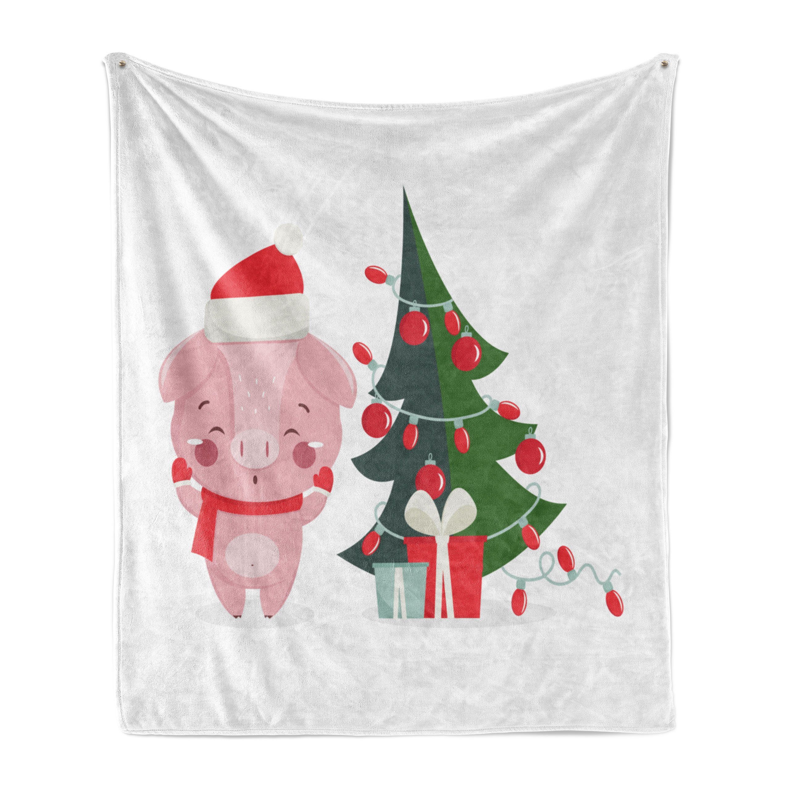 Wohndecke Gemütlicher Plüsch für den Innen- und Außenbereich, Abakuhaus, Weihnachten Glückliches Schwein mit Weihnachtsbaum