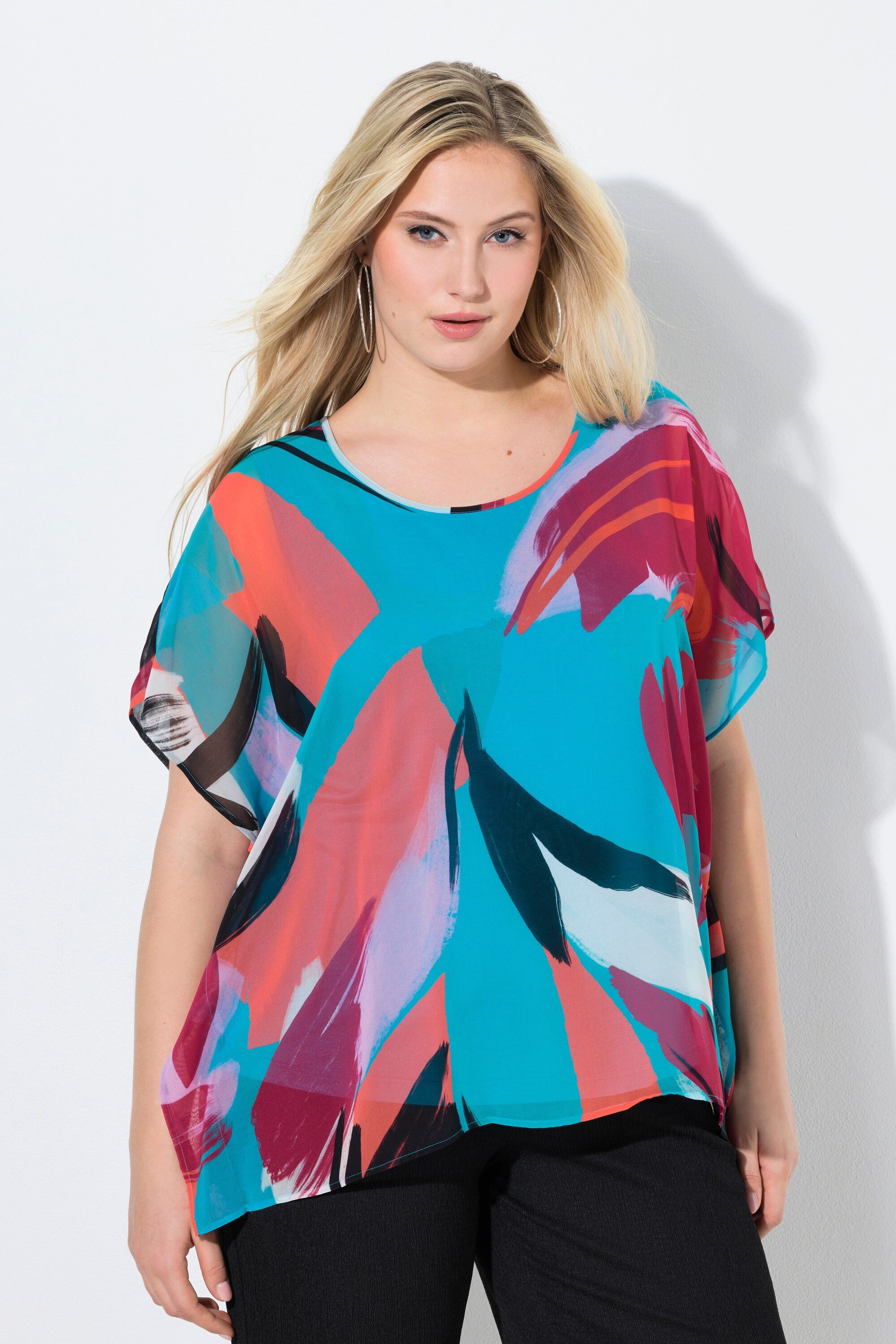 Ulla Popken Longbluse Chiffon-Tunika doppellagig Rundhals Halbarm