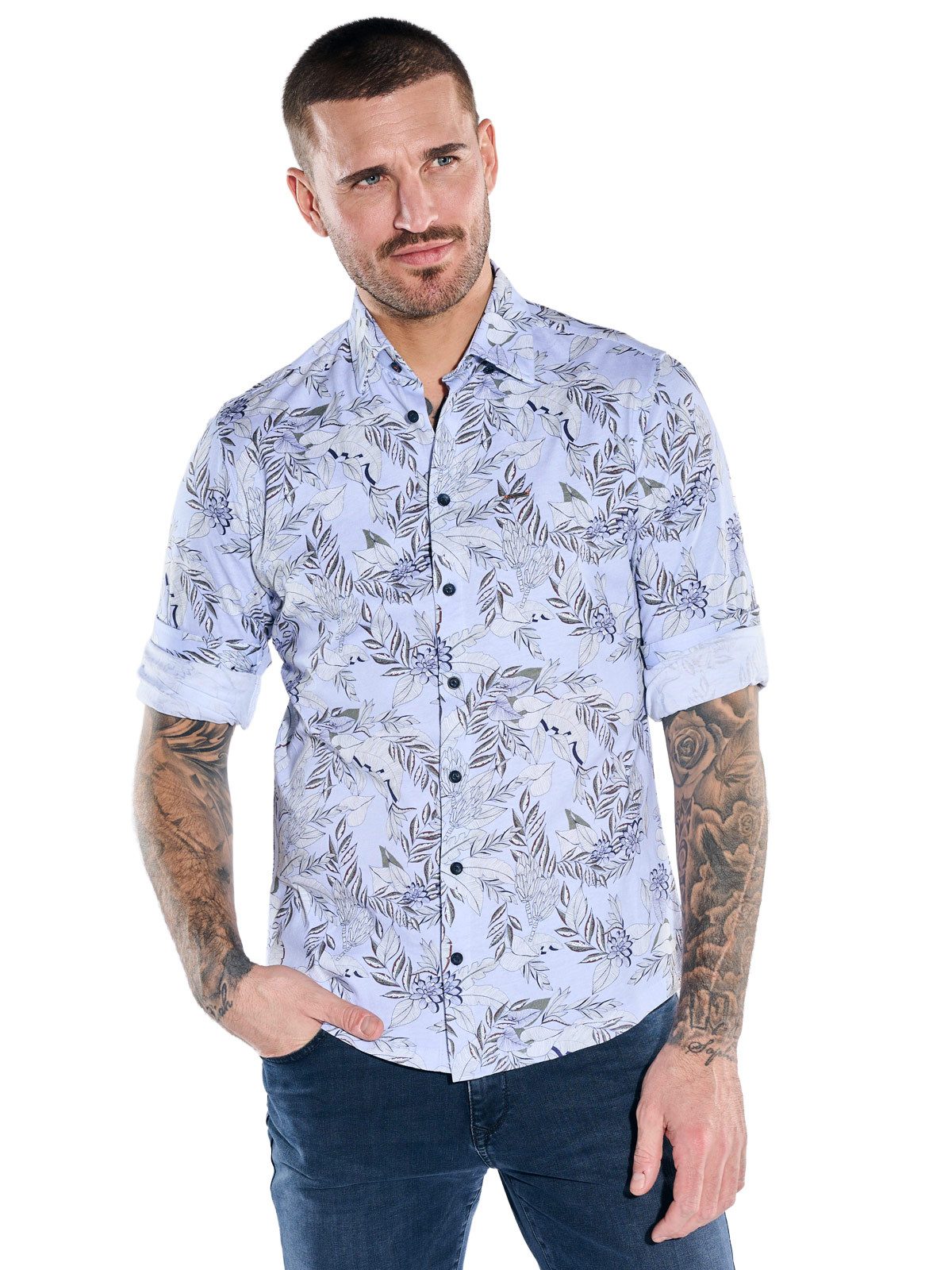 emilio adani Langarmhemd Herren Hemd mit All-Over-Druck, Hellblau