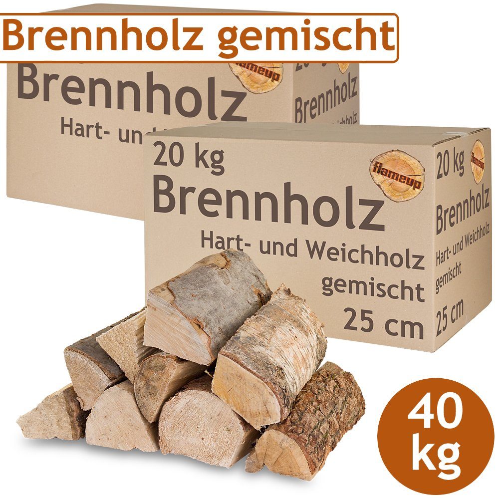 Flameup Kaminholz Brennholz Kaminholz gemischt 40 kg Holz Ofen Hartholz Weichholz 25 cm, 40 kg