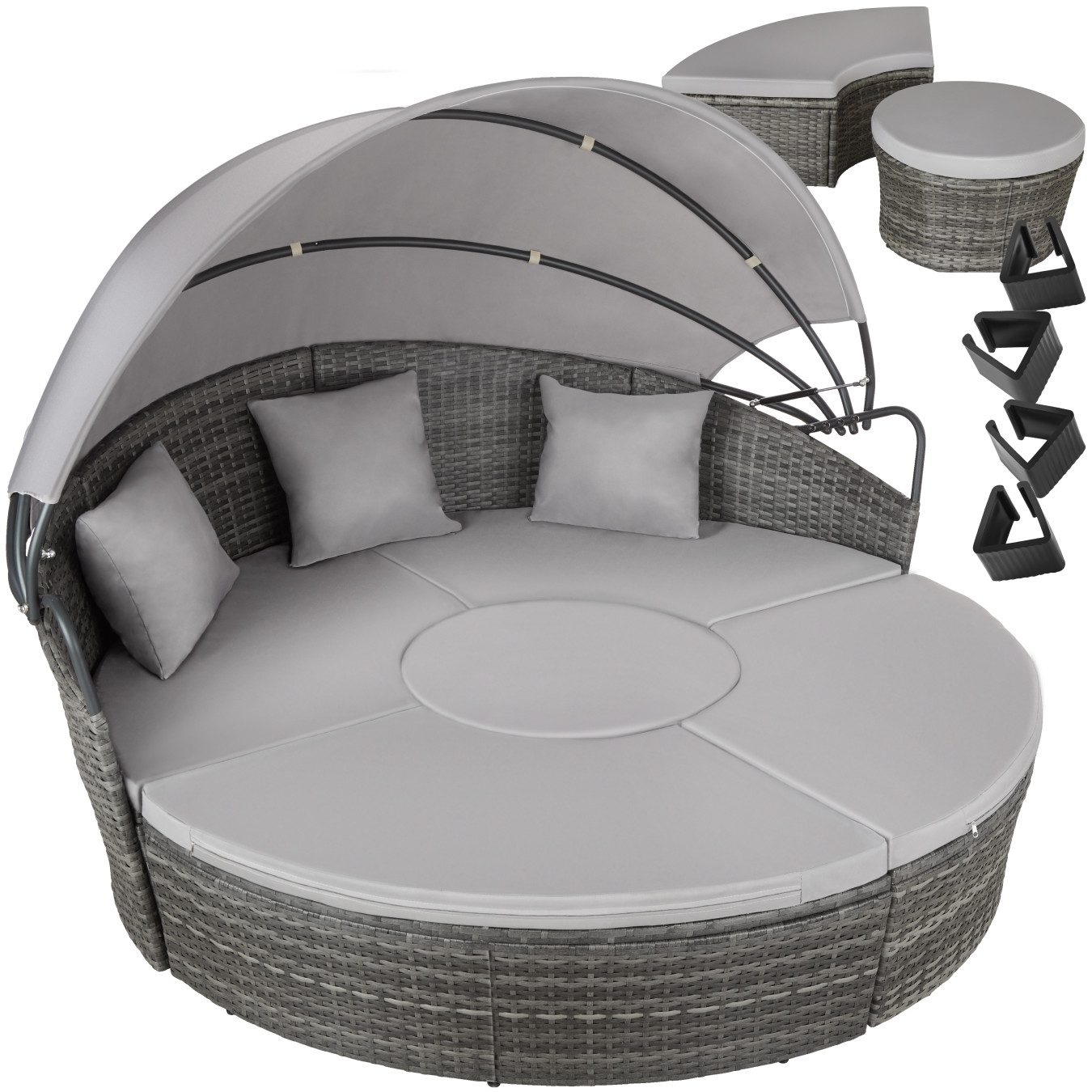 tectake Loungeset Rattan Sonneninsel Santorin - UV-beständig und widerstandsfähig, (Gartenlounge-set Santorin, 5-tlg., geeignet für Outdoor in Grau), klappbares Sonnendach & höhenverstellbare Füße