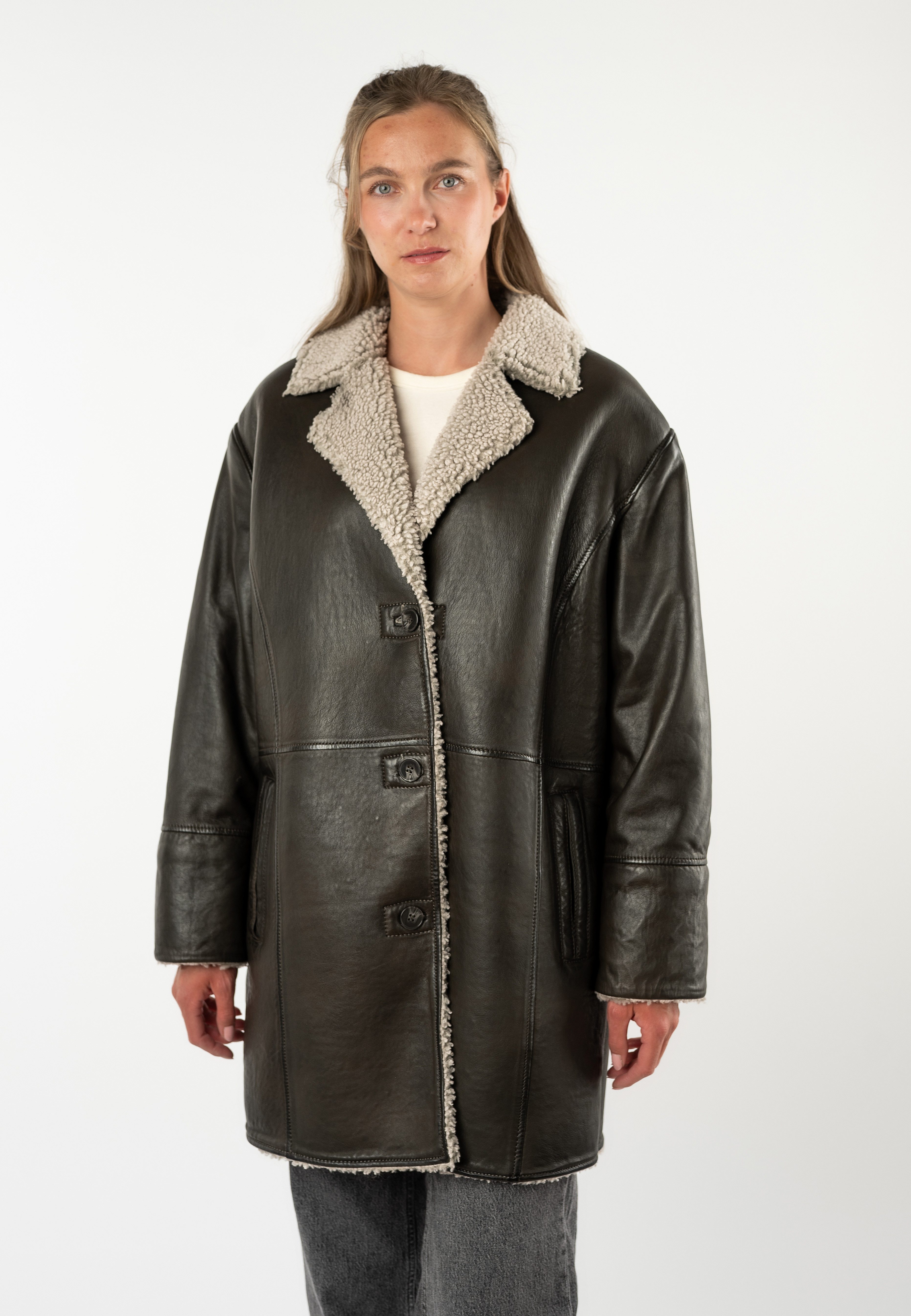 Mauritius Ledermantel MWYuki OS mit Teddyfellkragen, Oversize Fit
