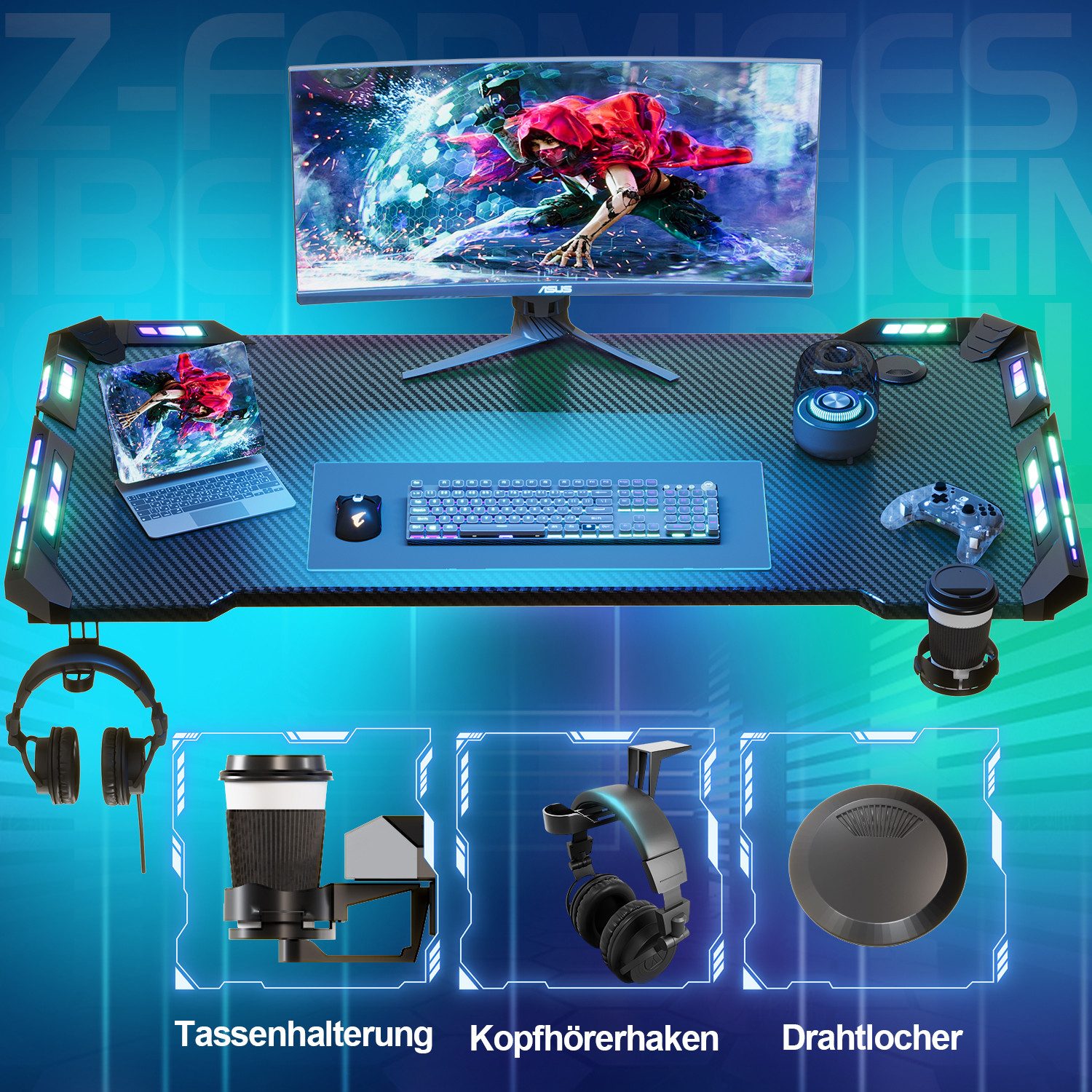 Furnicopia Gamingtisch 120/140/160cm Gaming Schreibtisch mit RGB Computertisch Gamer PC tisch (Schreibtisch mit Becherhalter und Kopfhörerhaken,Z-förmige Tischbeine)