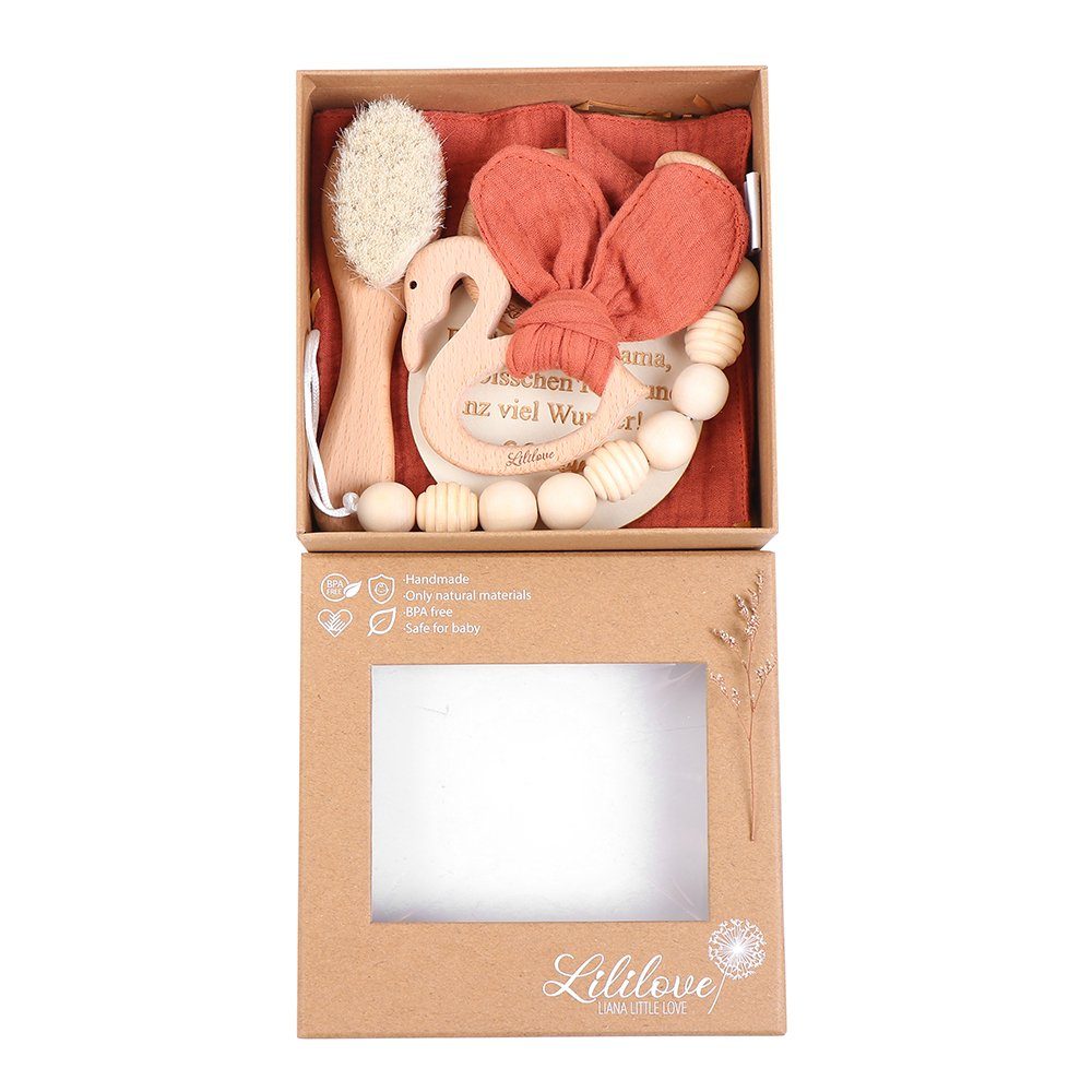 Lililove Geschenkset Neugeborenen-Geschenkset Schmuse Box, rost (Geschenkset, 5- teilig, 5-tlg., Babybürste: 15x4cm., Greif/Beißring: 8x8cm., Kette: 30cm, Tuch: 30x30cm) Süßes Geschenkset, 5-teilig, zertifizierte Materialien