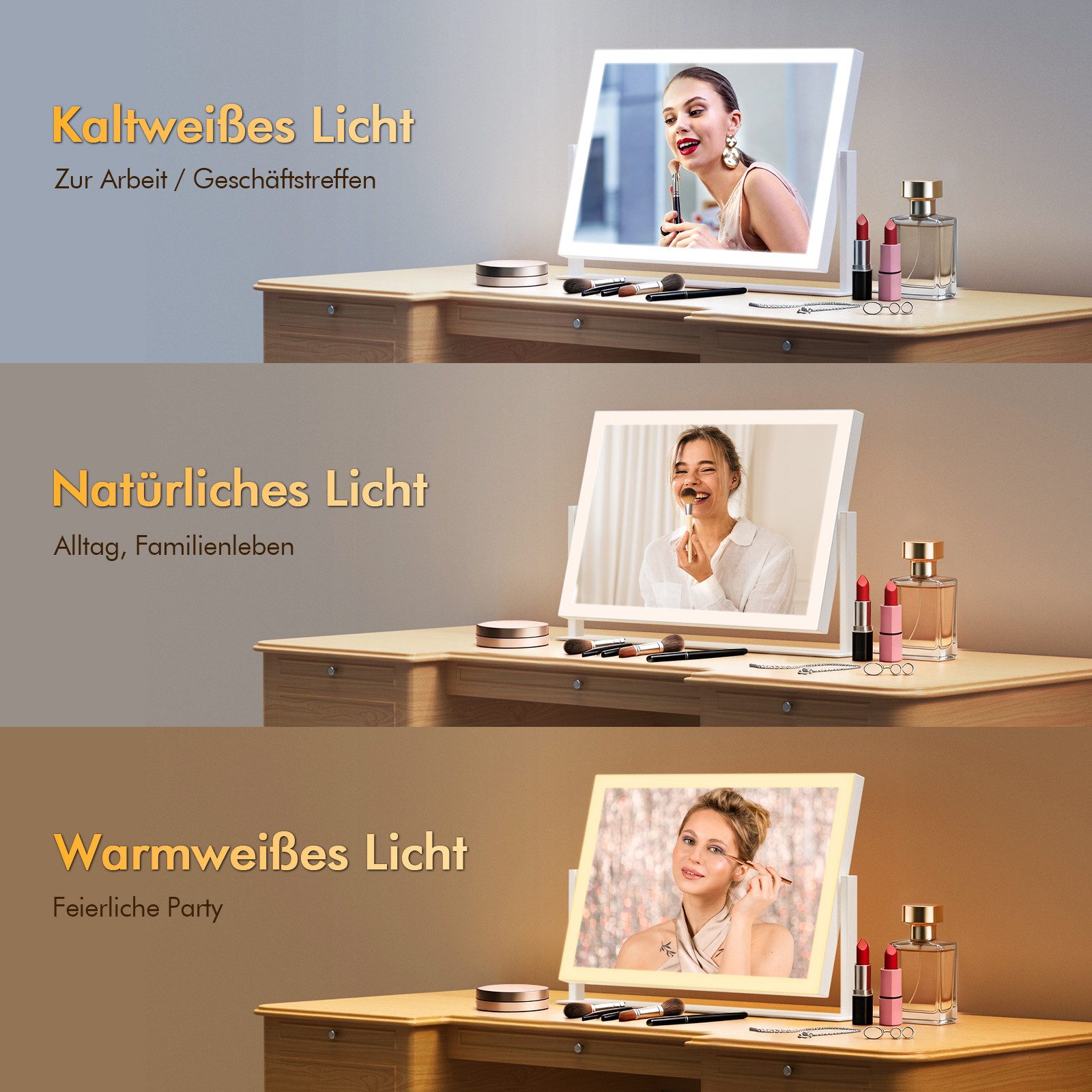 GIMBELEN Schminkspiegel mit Beleuchtung, 3 Farbtemperaturen & Dimmer, 360° Drehbar, 42x31cm (1-St), Beleuchtung, 3 Farbtemperaturen & Dimmer, 360° Drehbar – Bild 4 von 5
