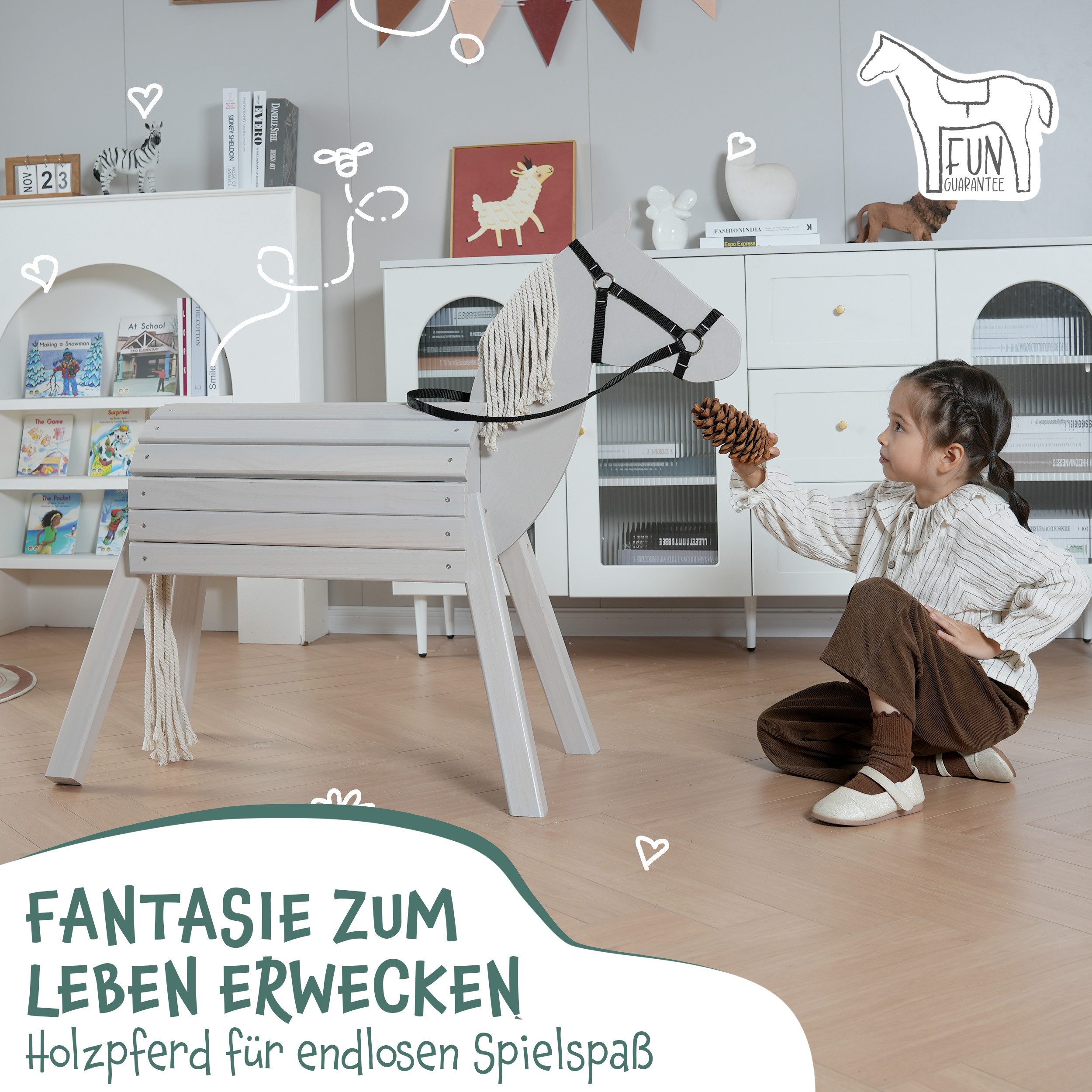 Pink Papaya Holzpferd Reitpferd aus Holz für Kinder, Holzpferd mit Mähne und Schweif, langlebig und wetterfest, fördert Kreativität und Motorik