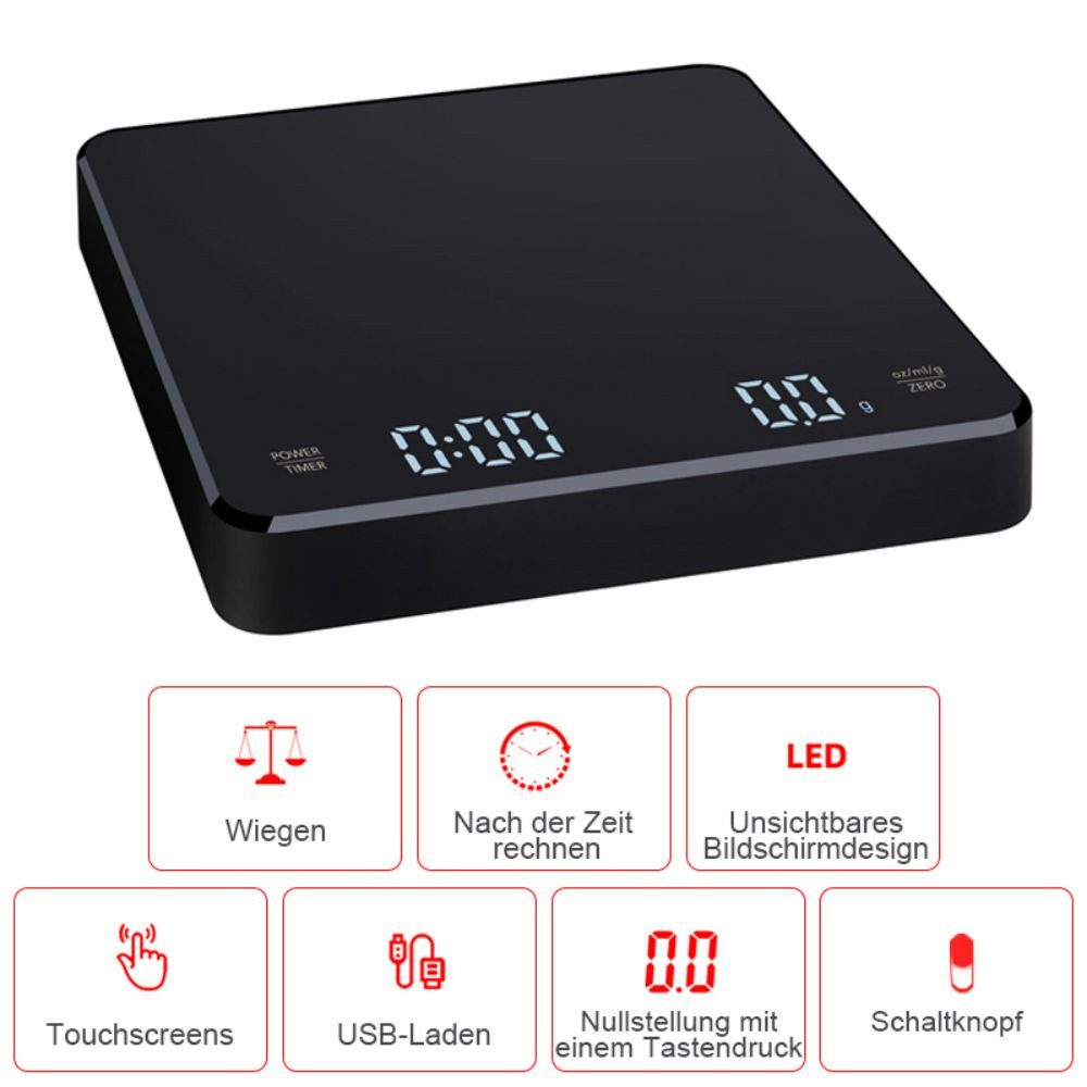 HUGERSTONE Küchenwaage 3 kg Küchenwaage Digital, Feinwaage Genauigkeit 1 Gramm, Kaffeewaage, (Packung, 1-tlg., Größe: 15x13x2,25cm), Küchenwage Mit automatischer Abschaltung, Tara-Funktion, Timer