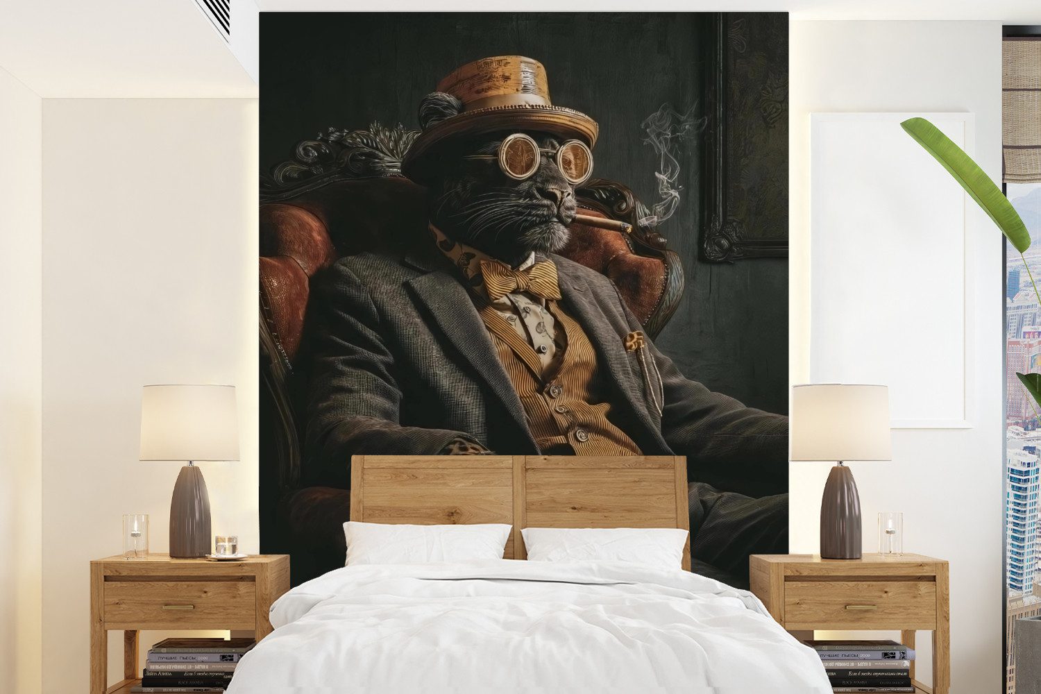 MuchoWow Fototapete Katze - Anzug - Orange - Zigarre, Matt, bedruckt, Wallpaper für Wohnzimmer, Schlafzimmer, Vinyl Tapete, 165x220 cm