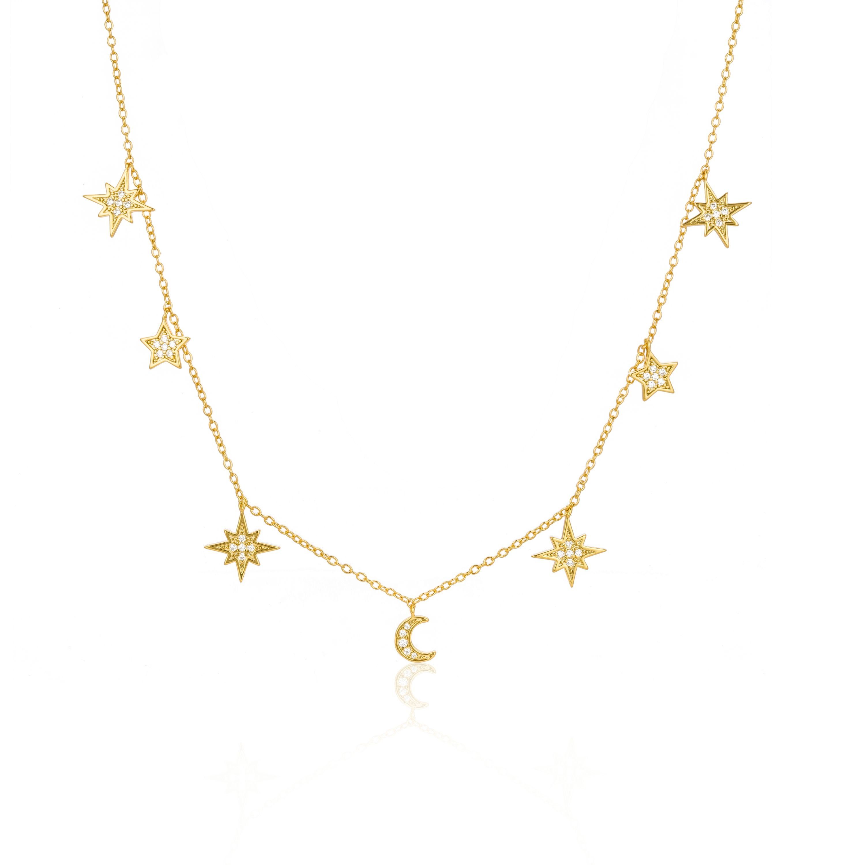 Brandlinger Kette mit Anhänger Halskette Luanda, Mond und Sterne Silber 925 vergoldet, Weiße Zirkoniasteine