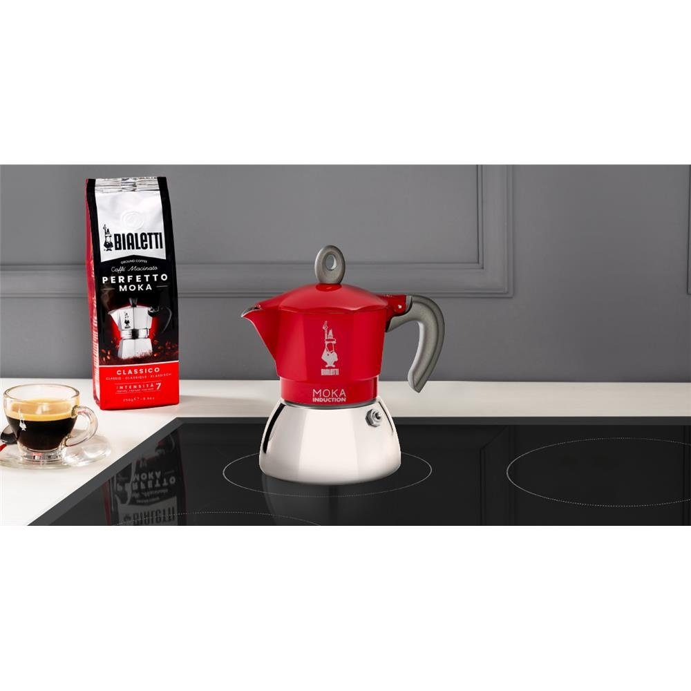 BIALETTI Espressokocher New Moka Silber 2 Rot Tassen, Gasherd, / Elektroherd Tassen, für Propan-Campingkocher, Aluminium, aus und Induktionsherd, zwei für