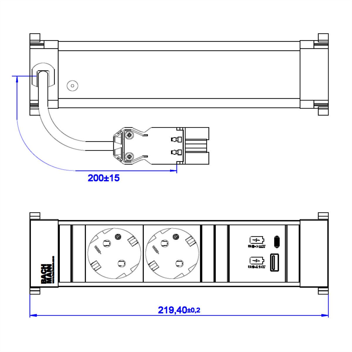 Bachmann POWER FRAME 2xSchutzkt. USB A&C Einbau-Tischsteckdosenleiste (Kabellänge 0.2 m), USB Charger 22W 0,2m GST18, 916.501