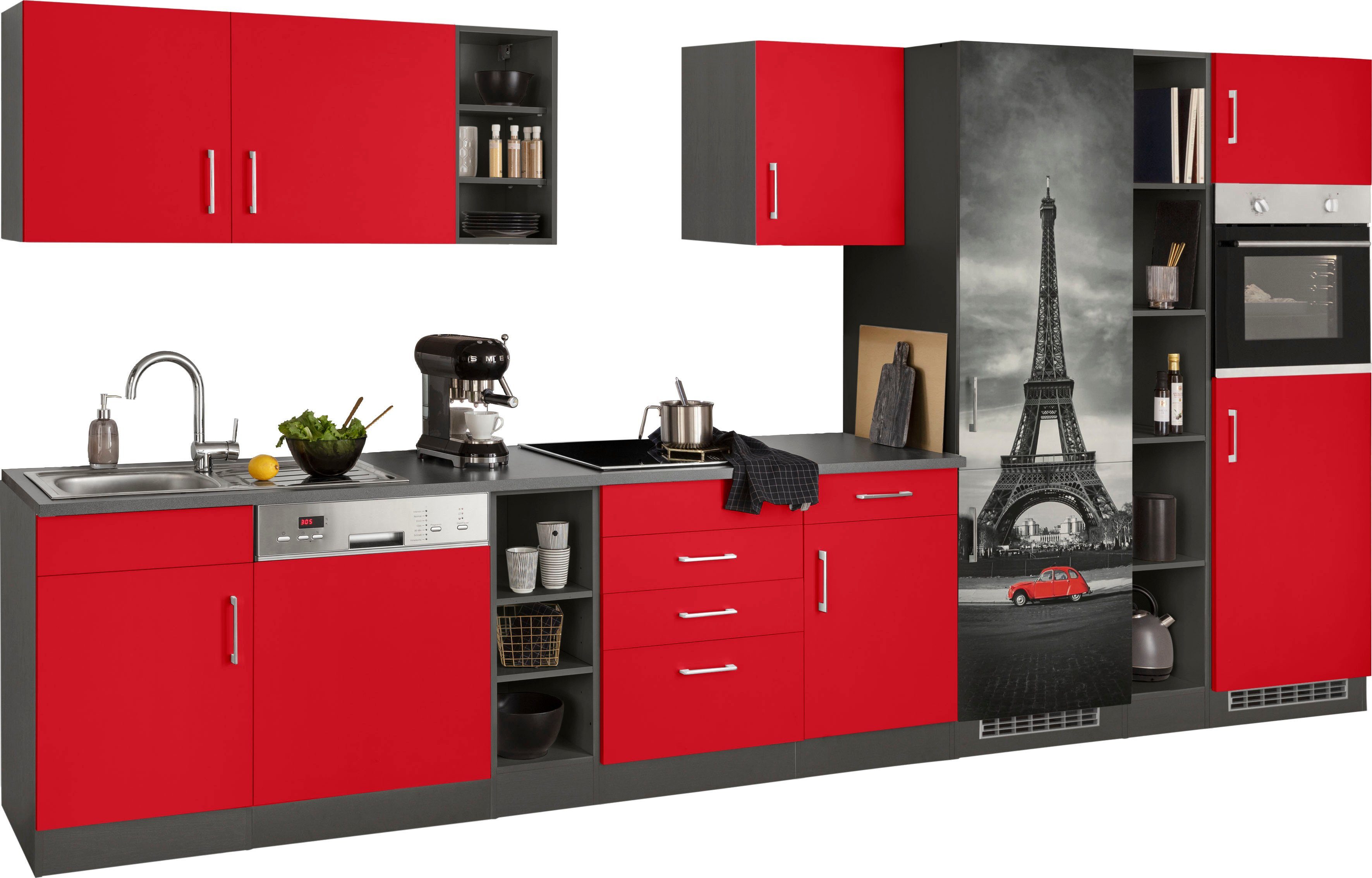 KOCHSTATION Küchenzeile KS-Paris – Küchen mit einzigartigen Fotomotiven auf den Fronten, Breite 400 cm, wahlweise mit E-Geräten und Induktion