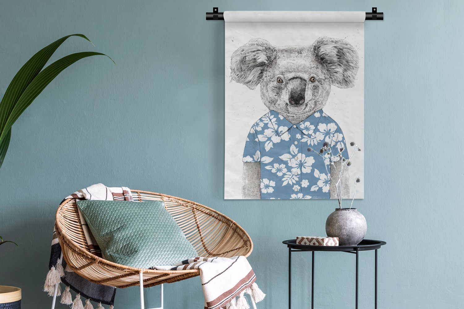 MuchoWow Wanddekoobjekt - - für Wand, Sommer der Wohnzimmer, - Blau, Blumen Schlafzimmer an Koala Deko Tapisserie