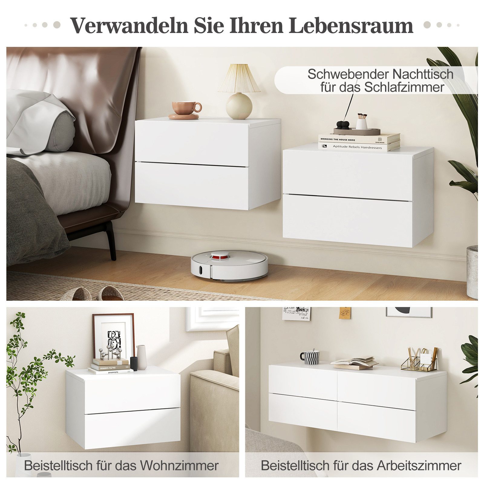 COSTWAY Nachttisch (1-St), hängend, mit 2 Schubladen, Nachtschrank